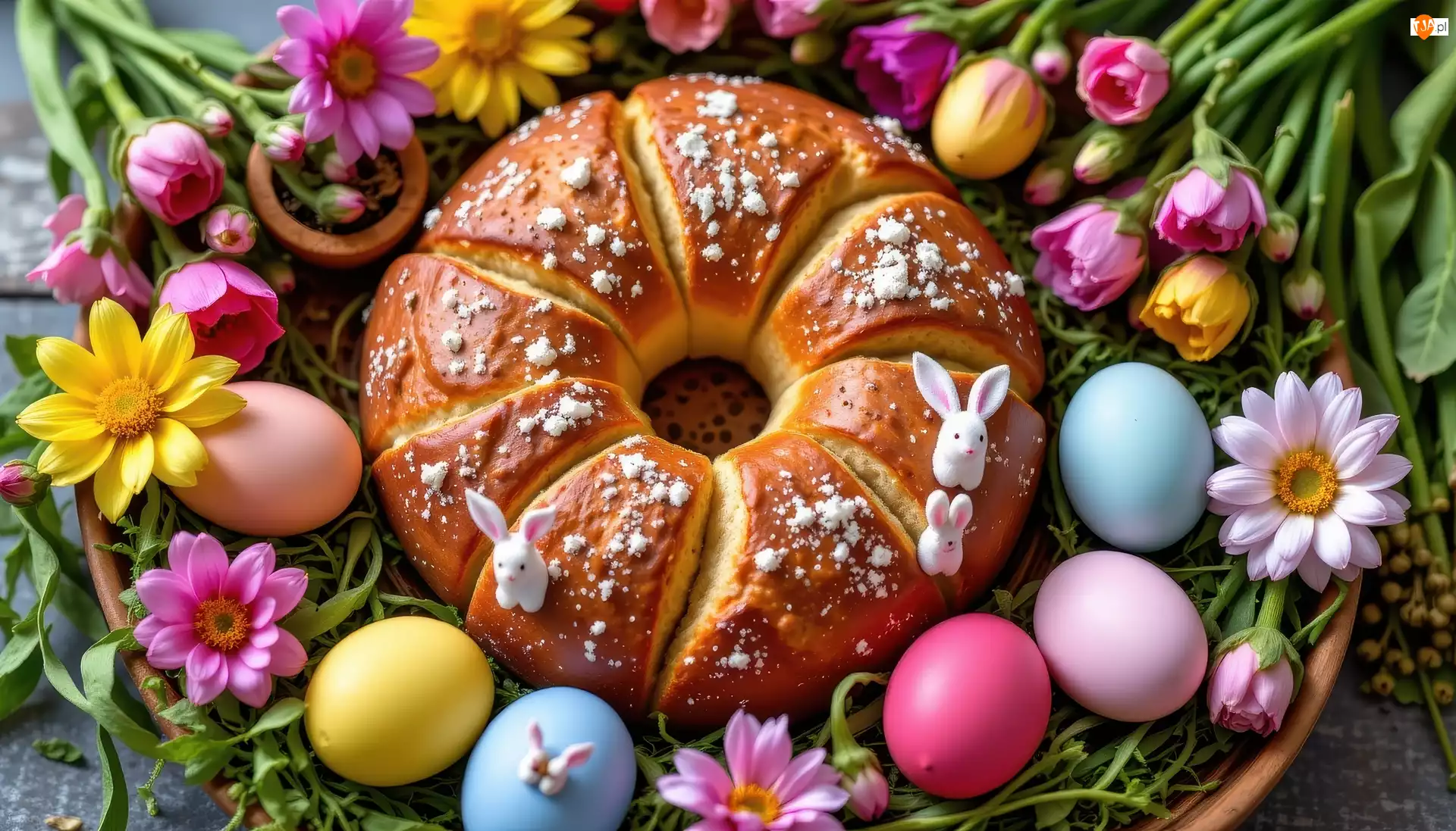 Chleb, Pieczywo, Jajka, Wielkanoc, Kolorowe, Kwiaty