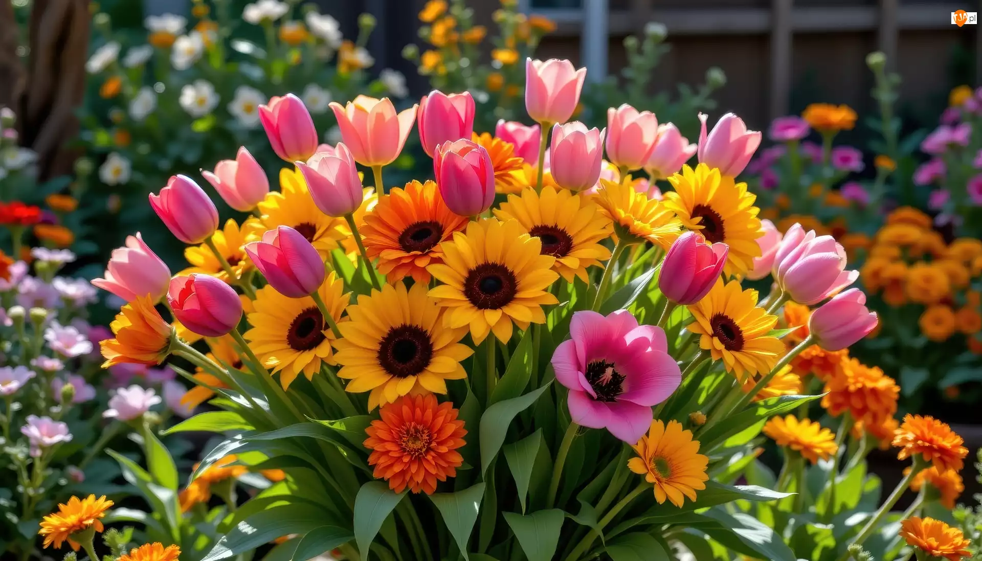 Bukiet, Kwiaty, Tulipany, Słoneczniki