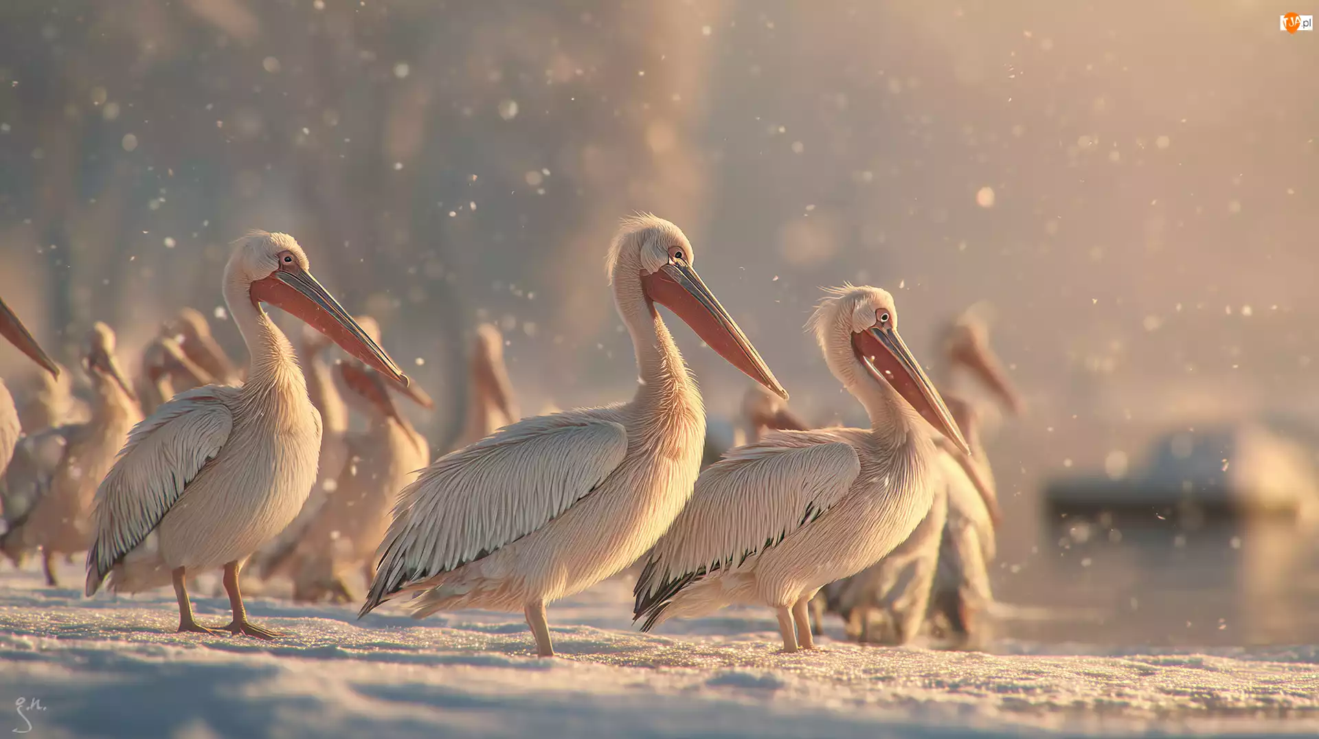 Grafika AI, Pelikany, Zima, Śnieg