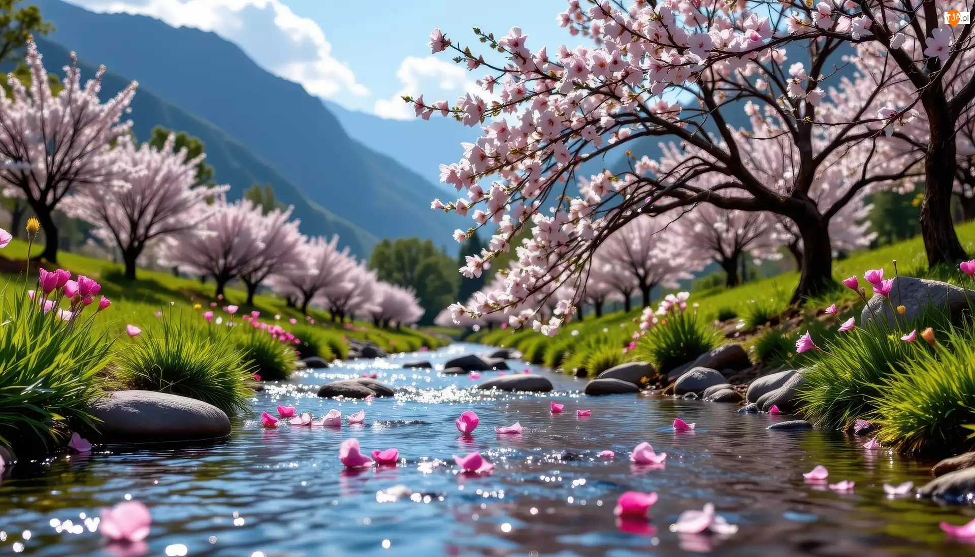 Rzeka, Kwitnące, Wiosna, Góry, Kwiaty, Trawa, Drzewa