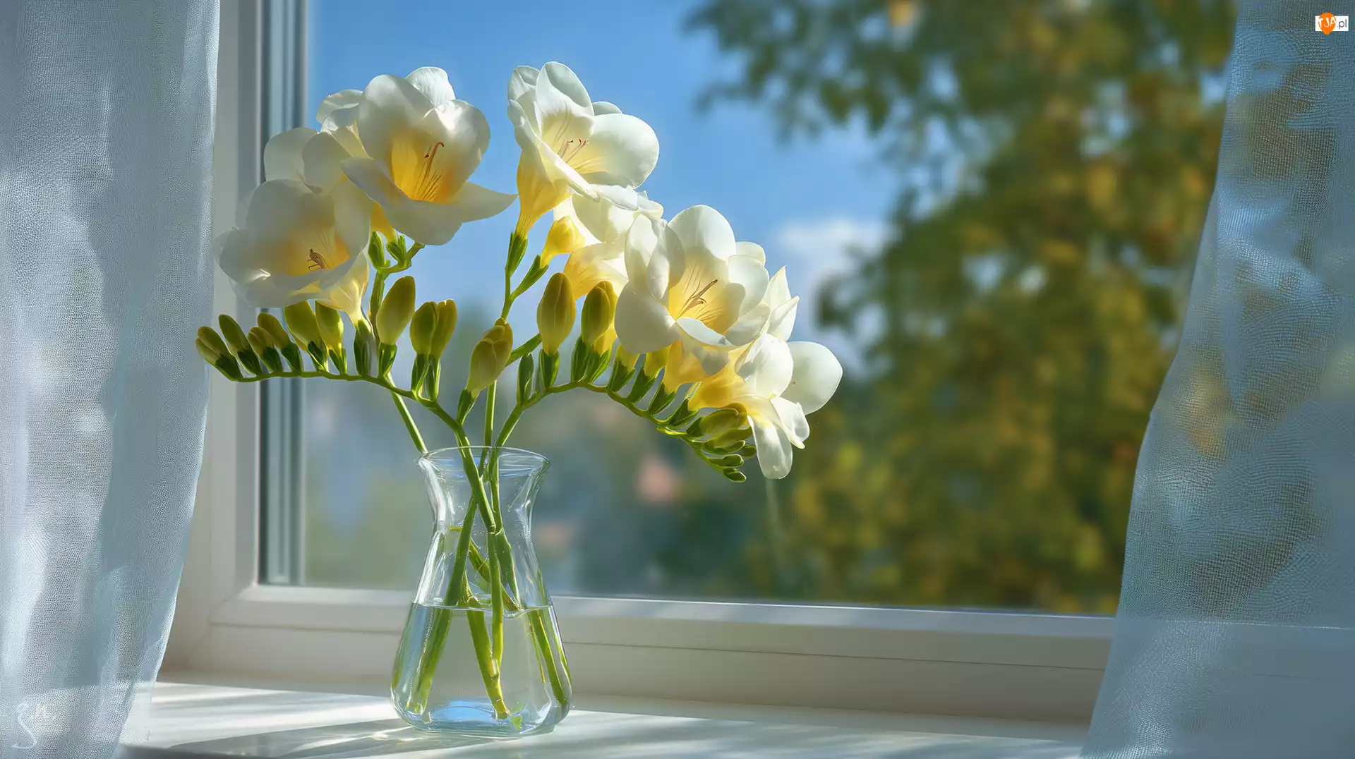 Frezje, Białe, Okno, Grafika AI, Wazonik, Firanki
