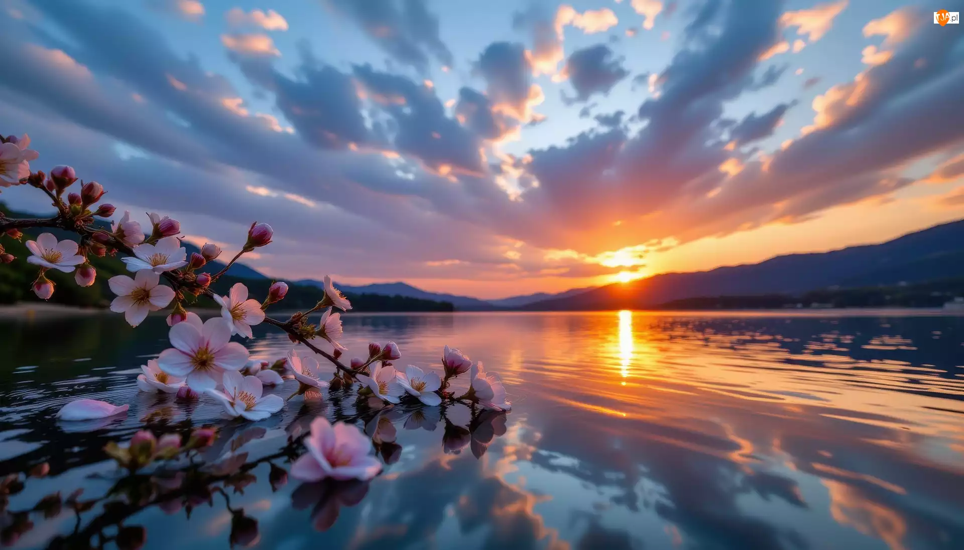 Kwiaty, Gałąź, Grafika AI, Różowe, Zachód słońca, Niebo, Jezioro