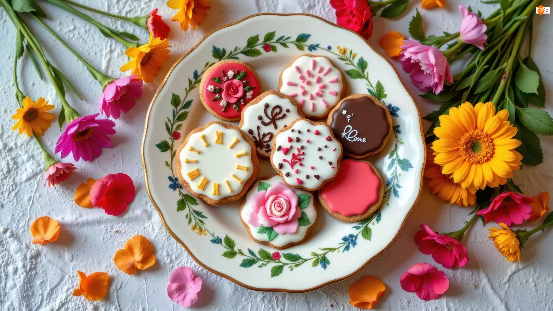 Gerbery, Udekorowane, Kolorowe, Białe, Ciasteczka, Kwiaty, Tło, Talerz