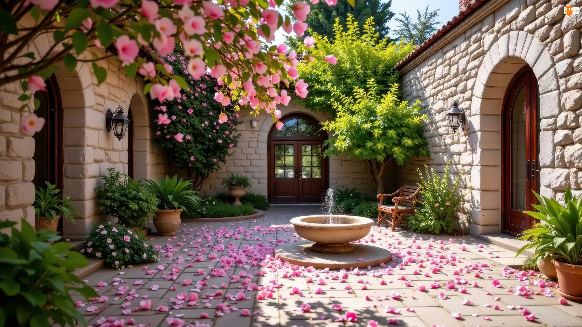 Rośliny, Płatki, Kwiatów, Krzesło, Kwiaty, Dom, Drzewa, Ozdobne, Fontanna, Dziedziniec