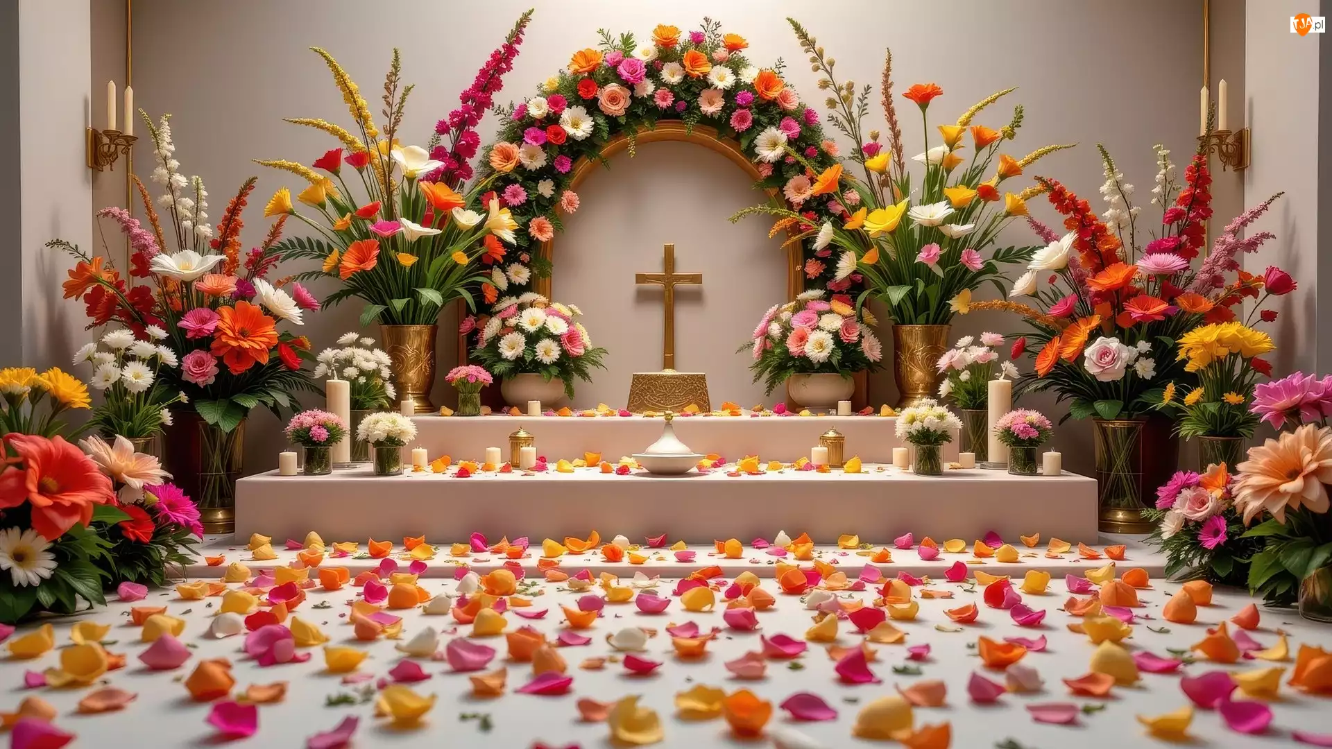 Krzyż, Świece, Kwiatów, Ołtarzyk, Płatki, Kwiaty, Bukiety