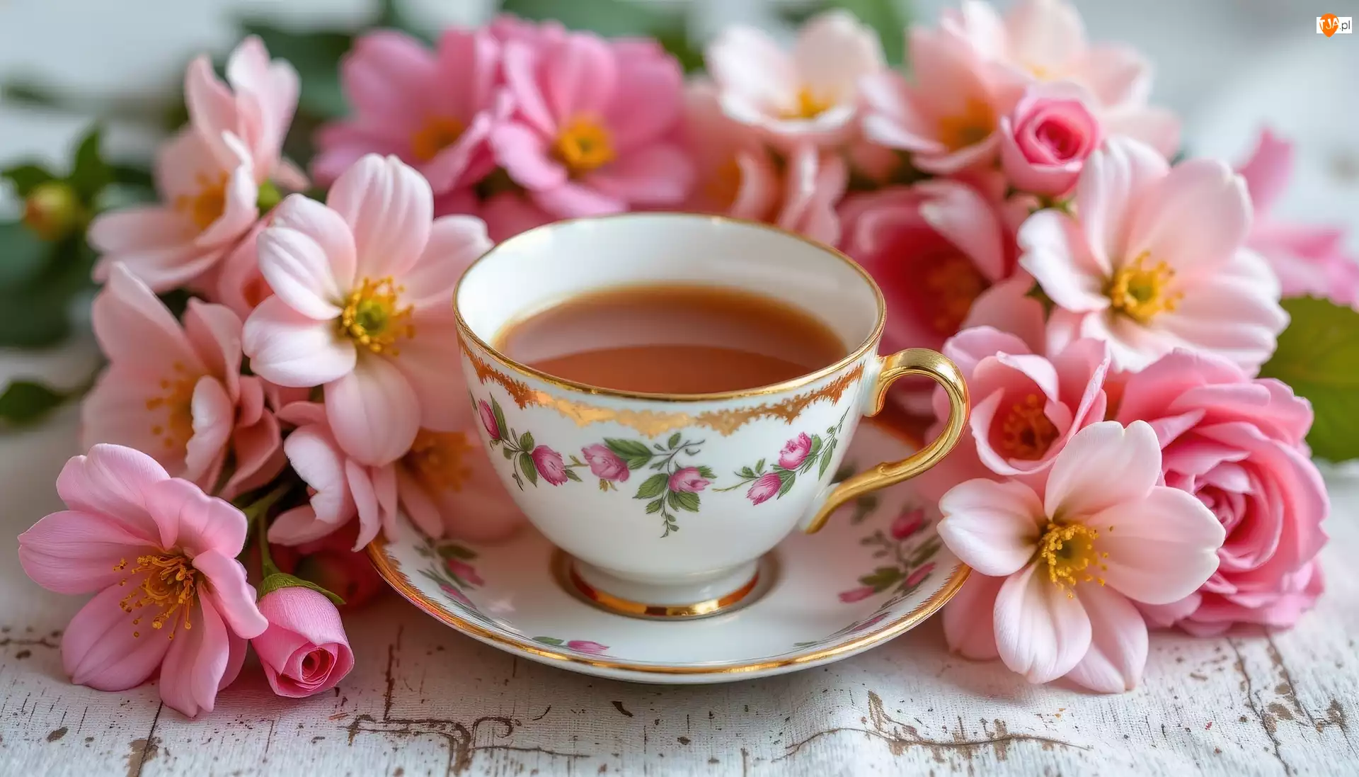 Kwiaty, Herbata, Filiżanka, Talerzyk