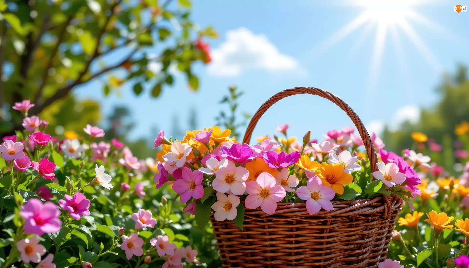 Niebo, Grafika AI, Kwiaty, Koszyk, Słońce