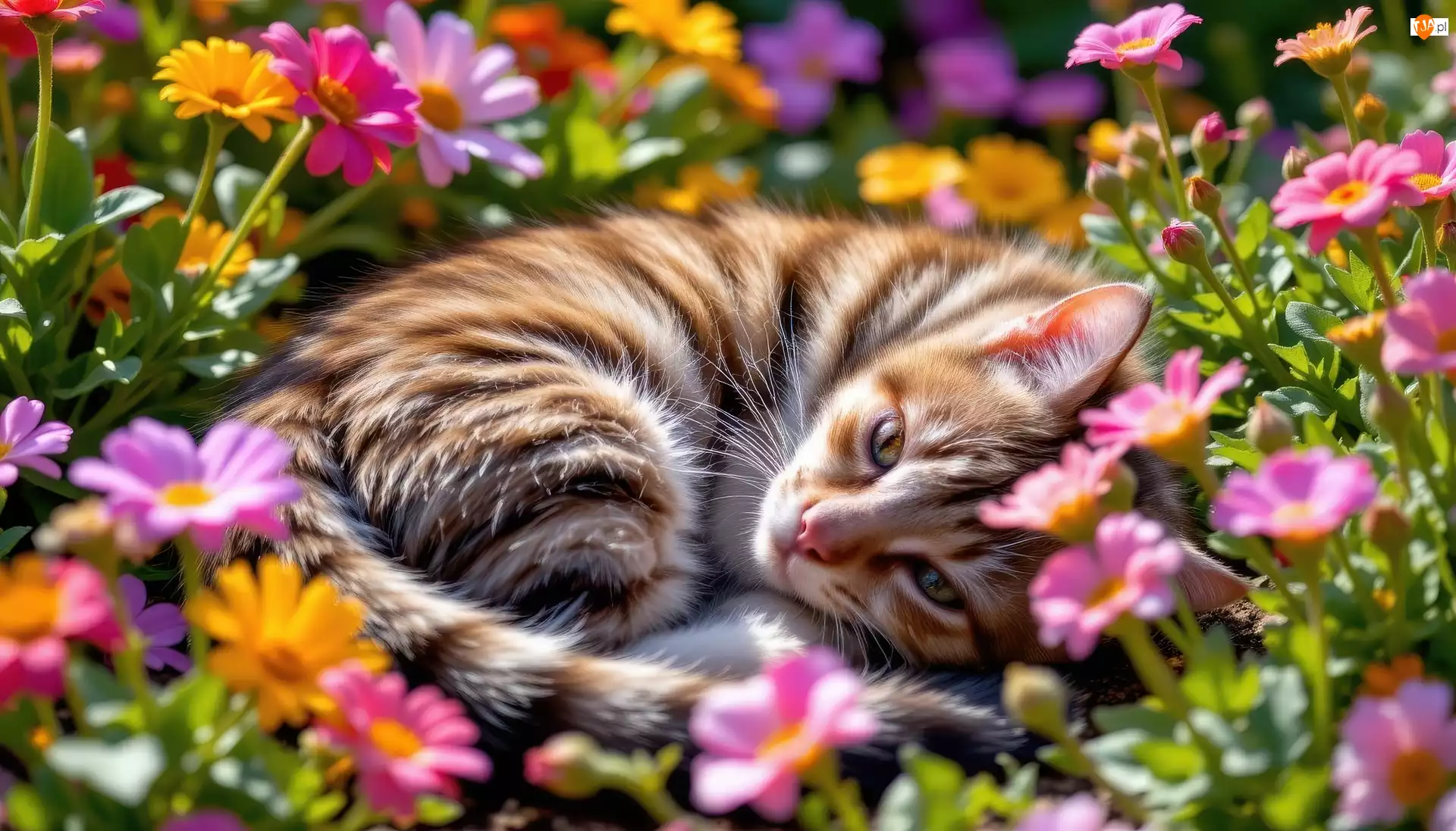 Kwiaty, Pręgowany, Leżący, Kot