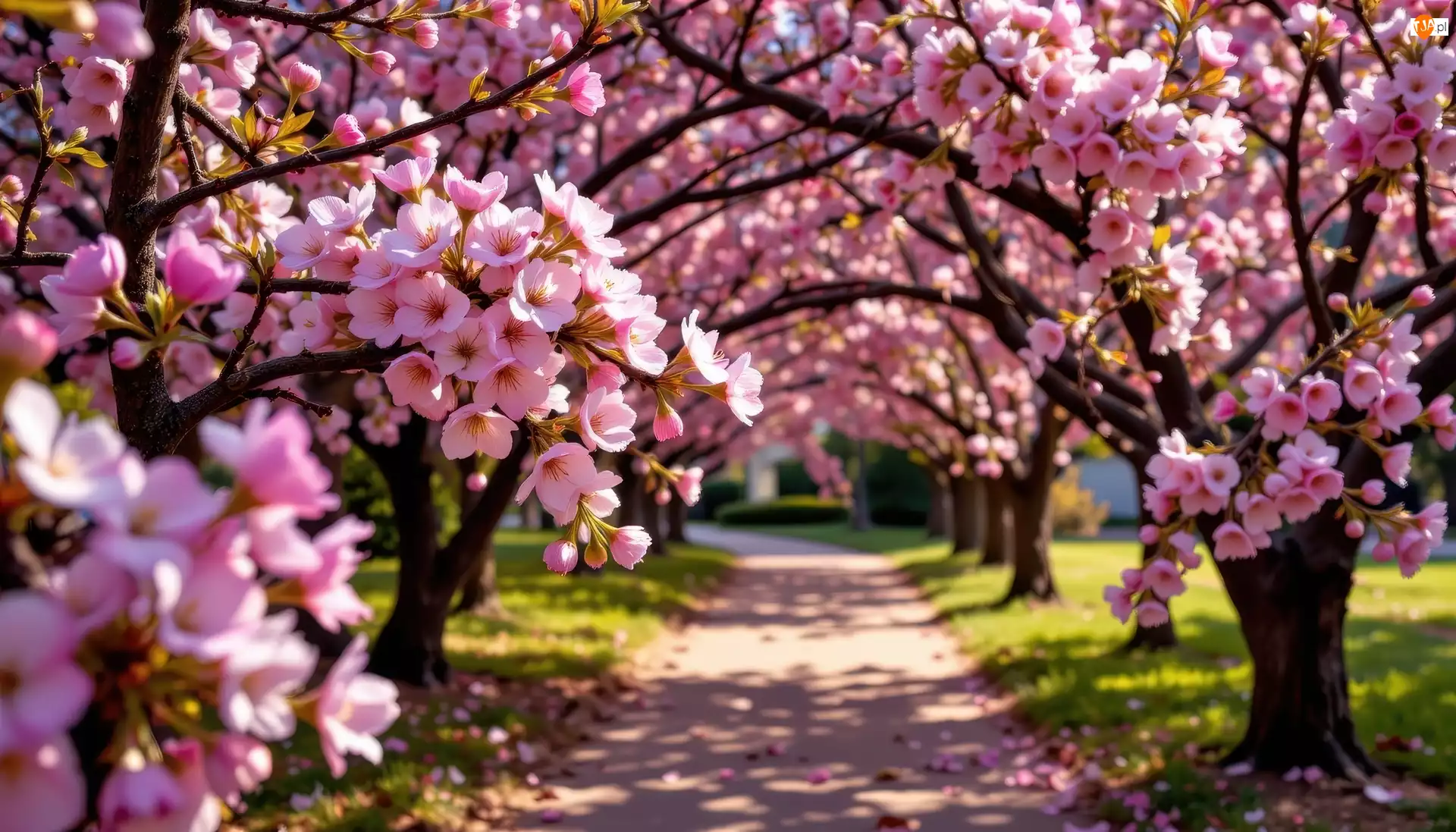 Drzewa, Gałązki, AI, Kwitnące, Droga, Kwiaty, Różowe