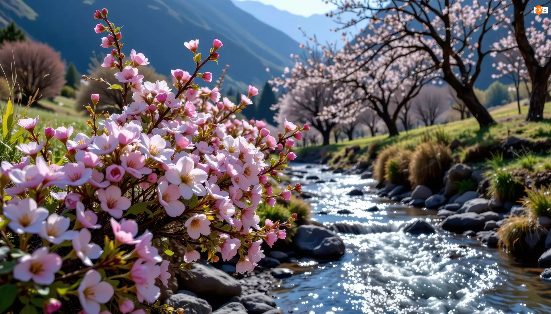 Kwiaty, Wiosna, Strumyk, Grafika AI, Drzewa, Góry
