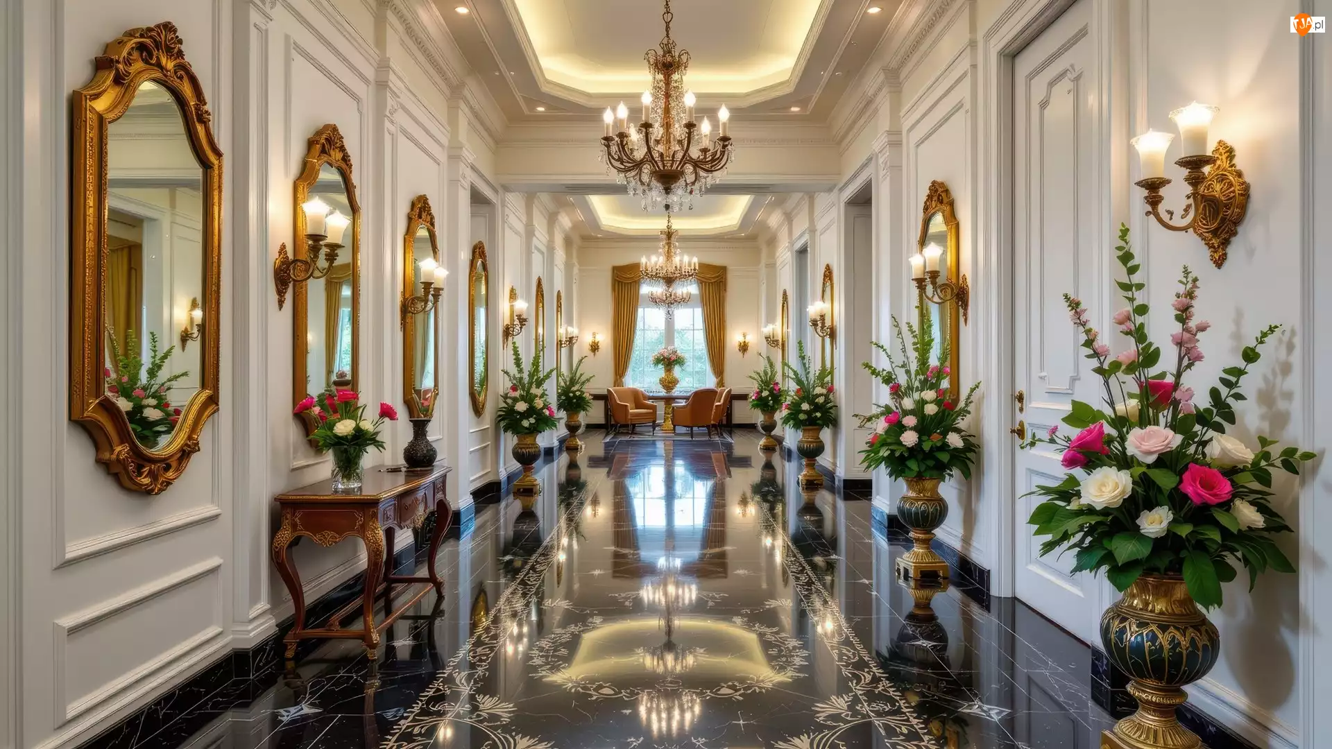 Stolik, Lustra, Żyrandol, Kinkiety, Wazony, Hol, Kolorowe, Bukiety, Kwiaty, Fotele