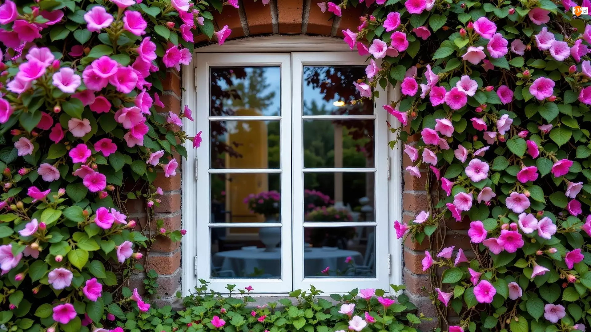 Okno, Cegły, Kwiaty, Różowe, Ściana