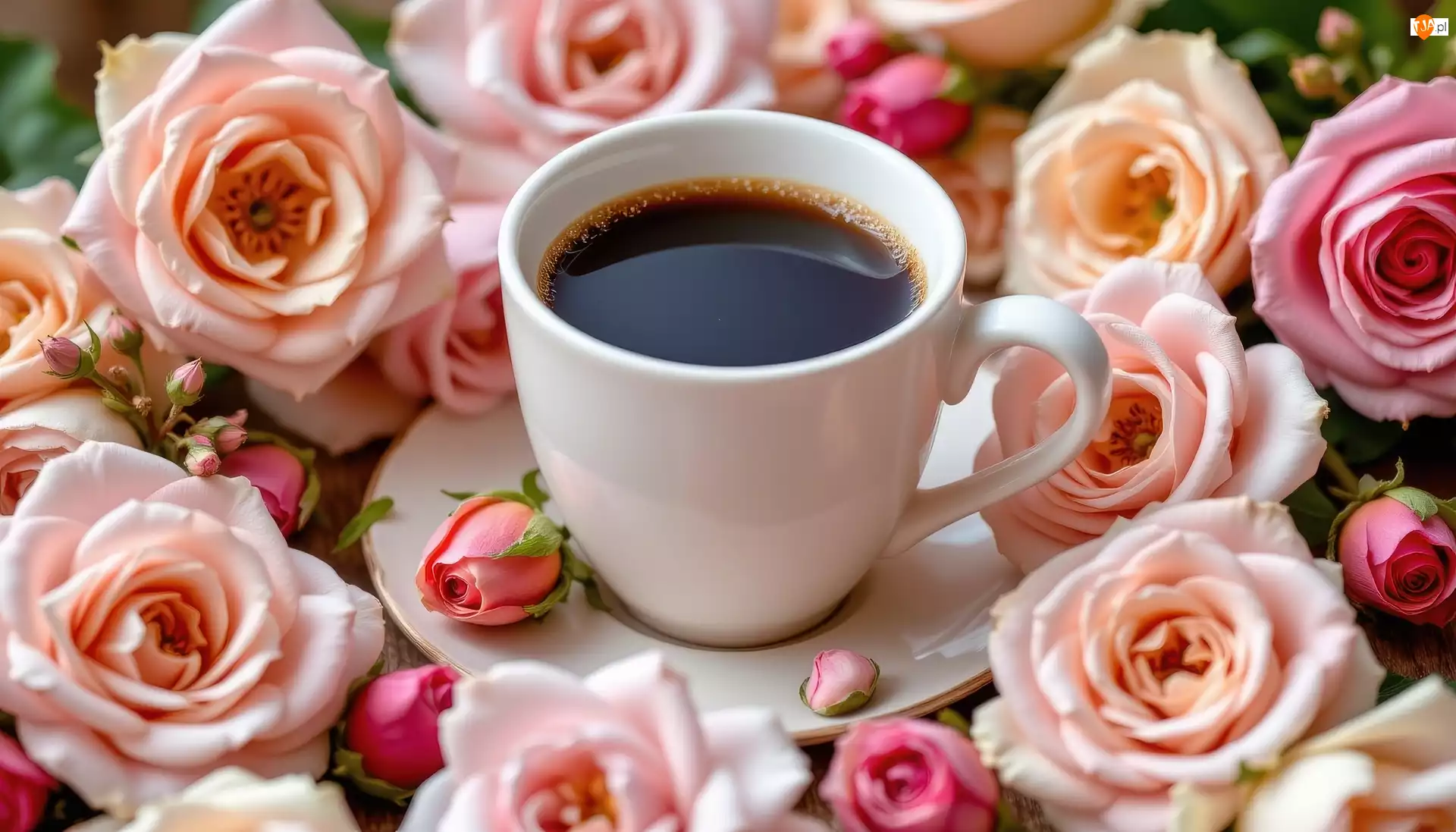 Biała, Kawa, Talerzyk, Róże, Filiżanka, Kwiaty