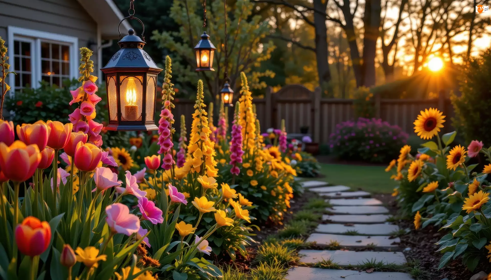 Ogród, Kwiaty, Latarnie, Ścieżka