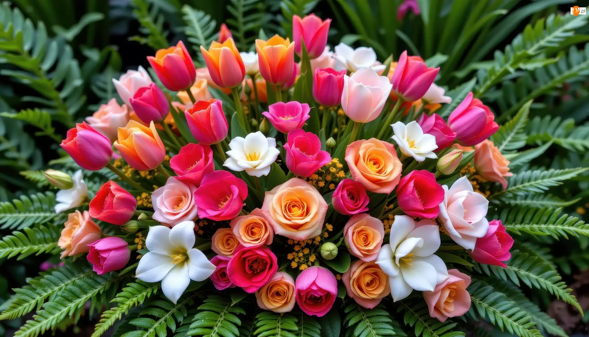 Róże, Listki, Kwiaty, Bukiet, Tulipany