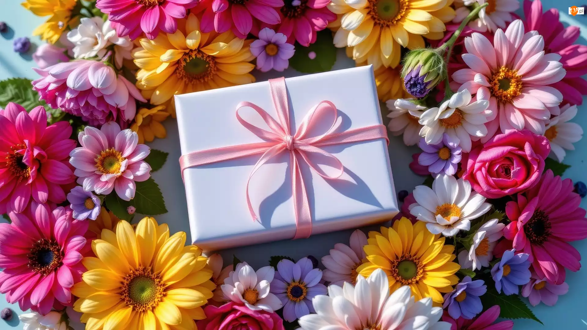 Różowa, Prezent, Kolorowe, Gerbery, Wstążka, Kwiaty