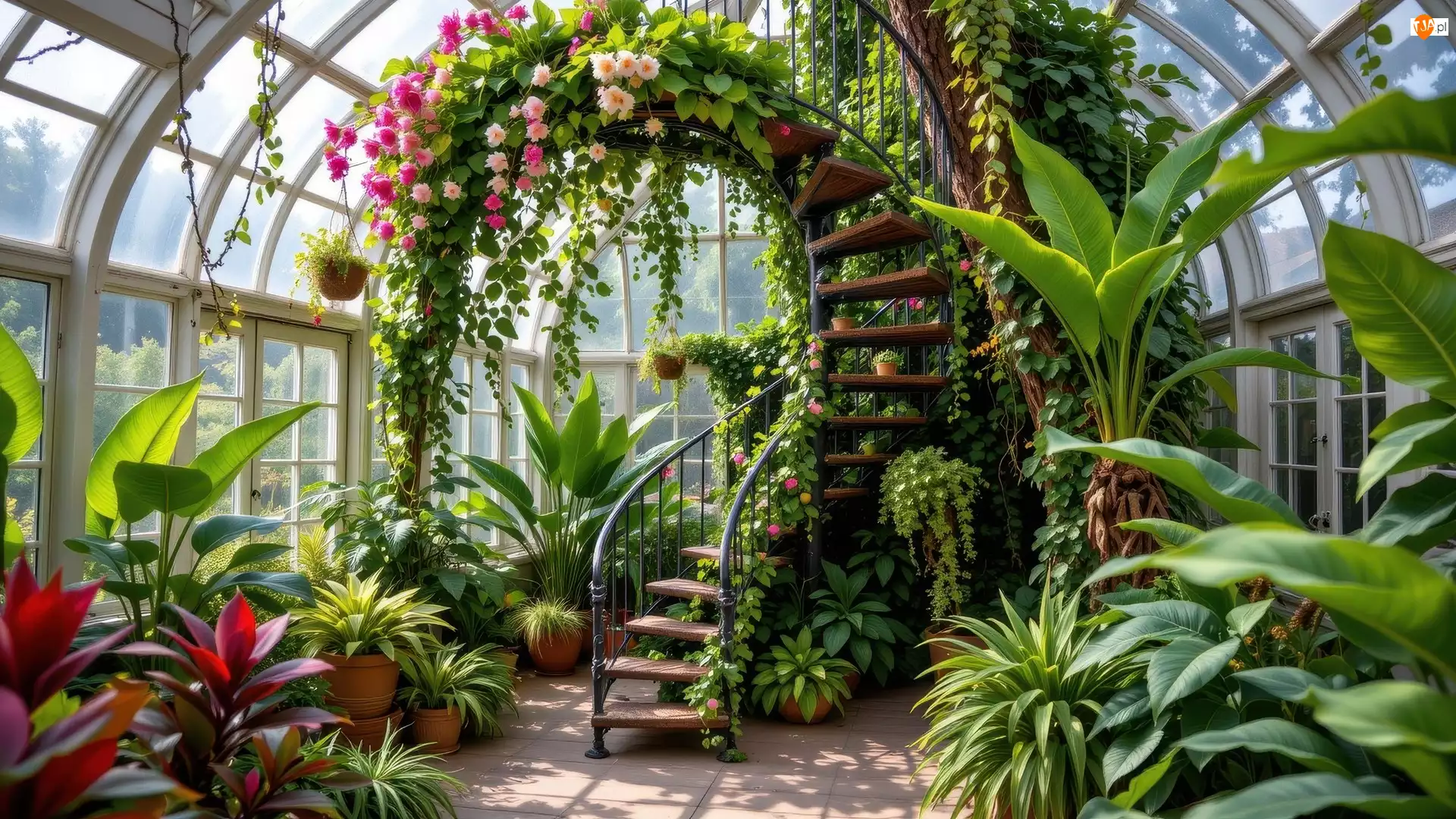 Kwiaty, Rośliny, Weranda, Szklarnia, Schody