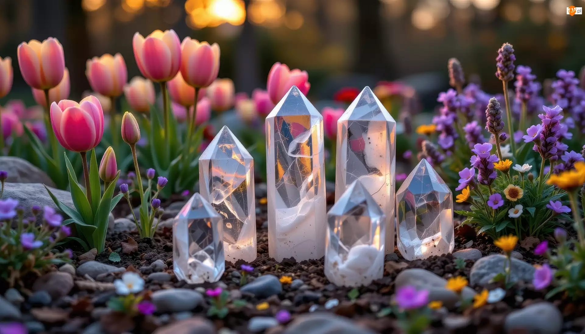 Kwiaty, Tulipany, Lawenda, Kryształy