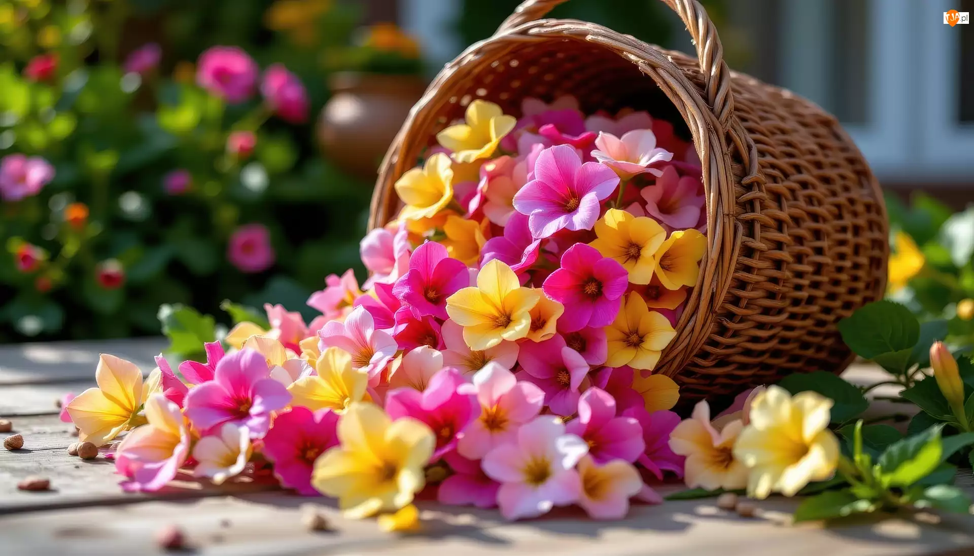 Kosz, Żółte, Różowe, Kwiaty