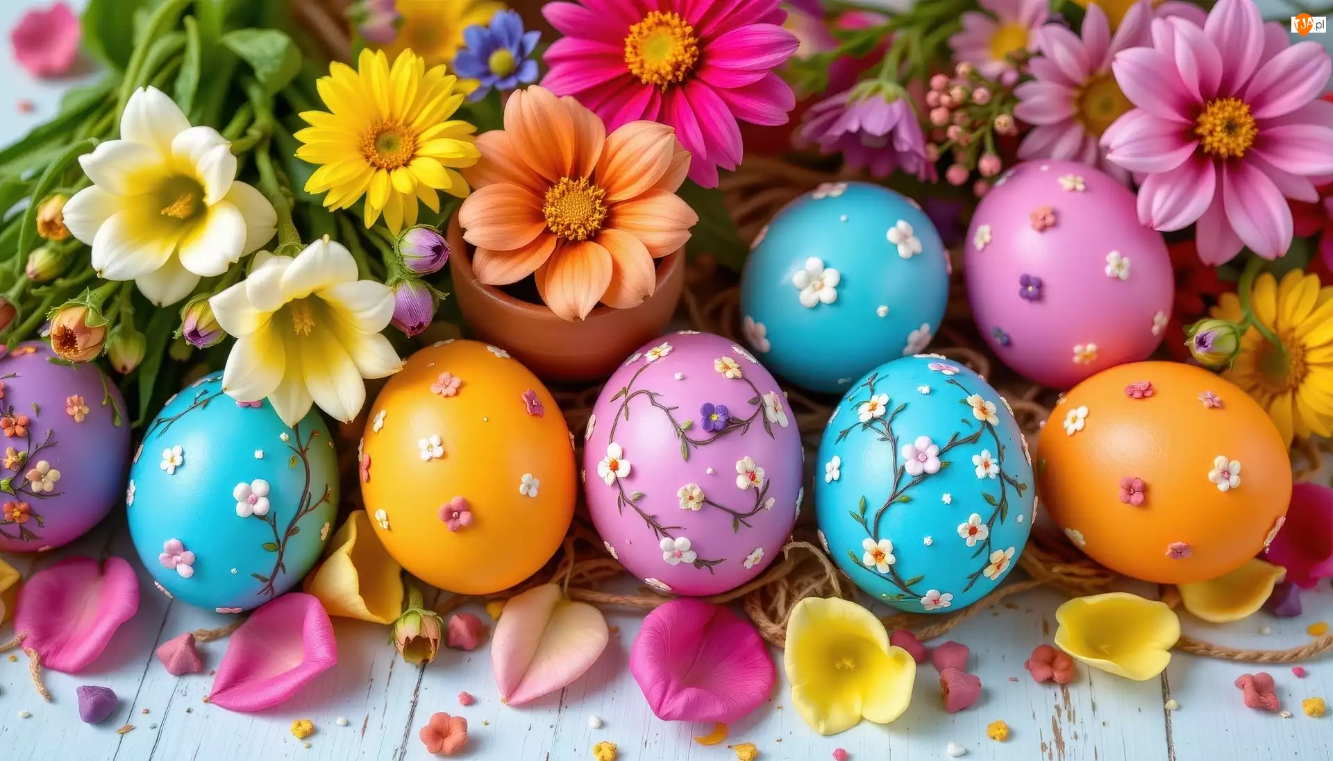 Jajka, Kolorowe, Kwiaty, Wielkanoc, Pisanki, Płatki