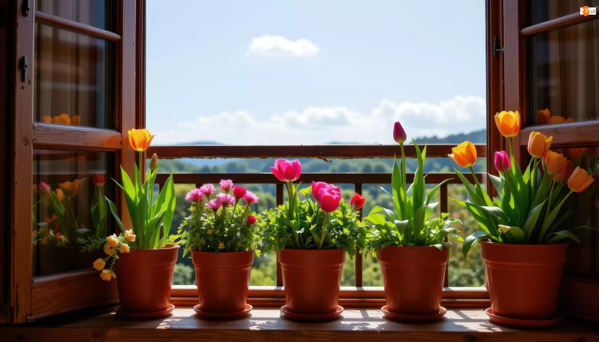 Doniczki, Okno, Tulipany, Kwiaty, Parapet