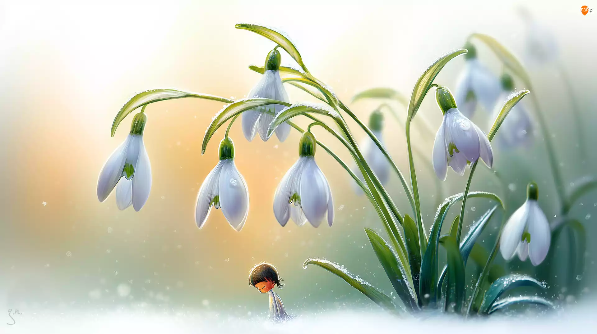 Kwiaty, Grafika AI, Białe, Przebiśniegi, Dziewczynka