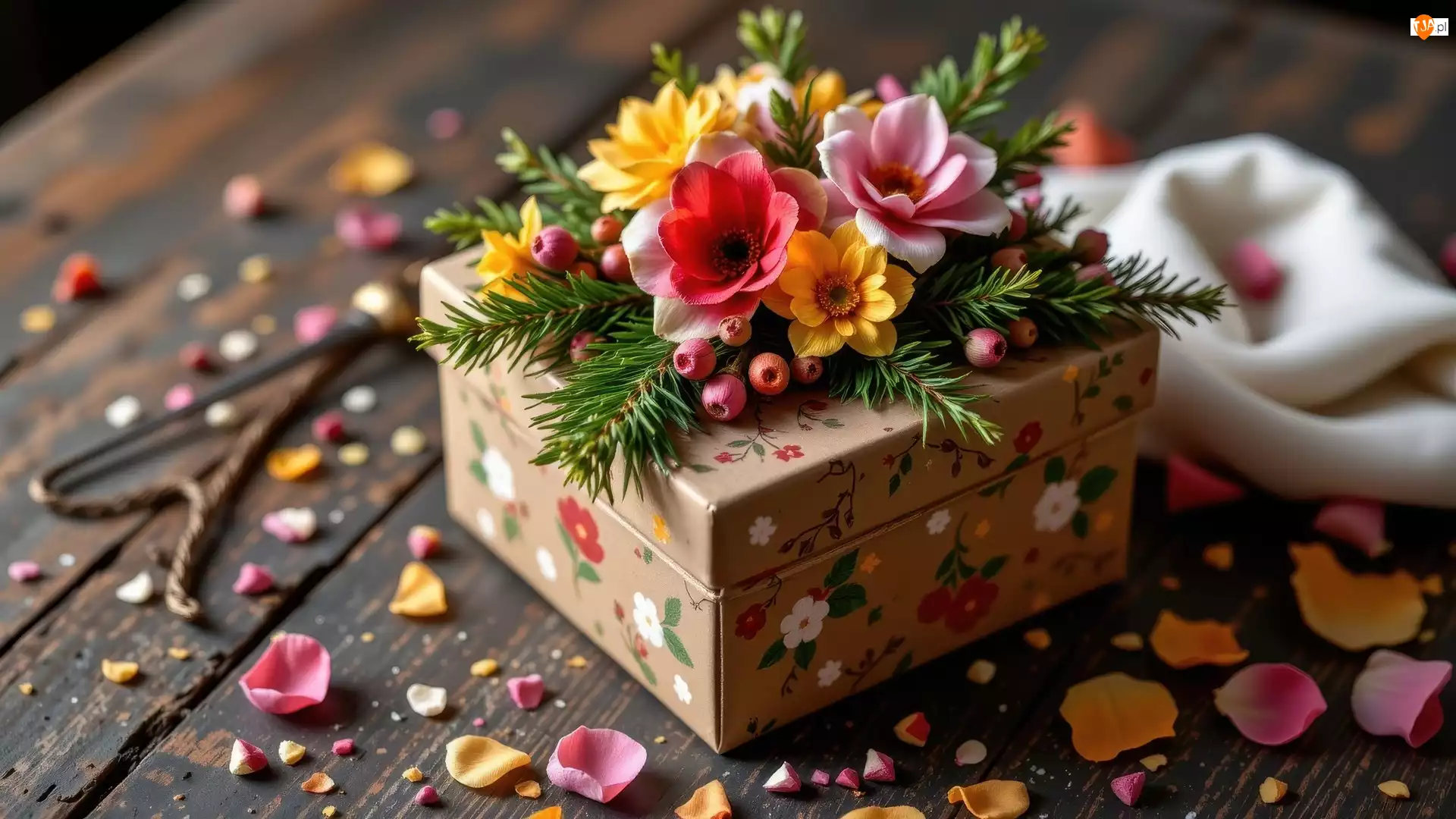 Kwiatów, Prezent, Kwiaty, Zielone, Pudełko, Płatki, Gałązki, Kolorowe