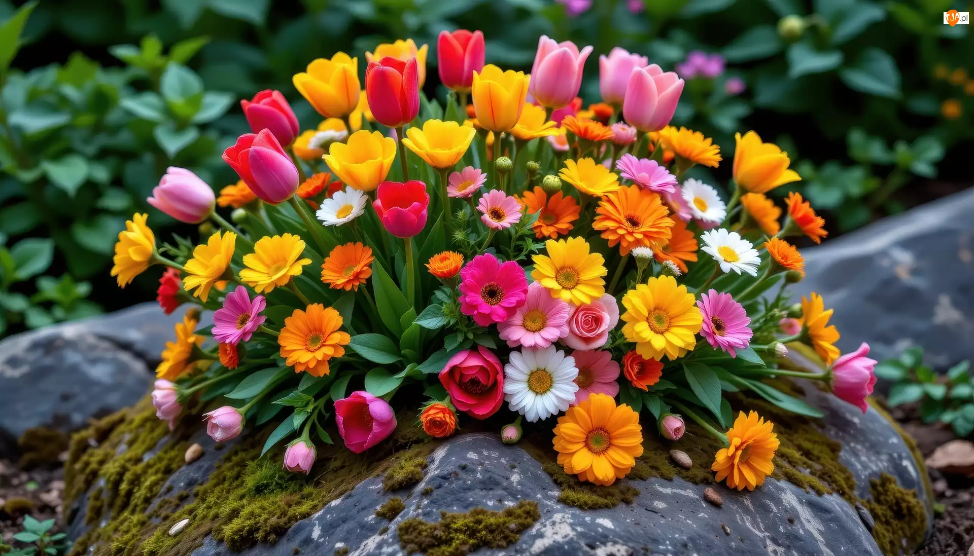 Bukiet kwiatów, Kwiaty, Kolorowe, Kamień