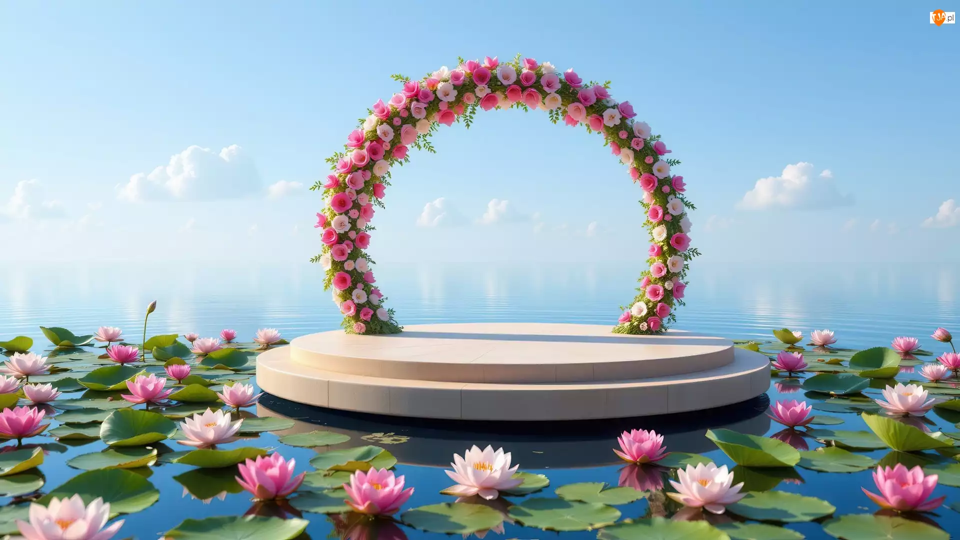 Morze, Kwiaty, Al, Podium, Lilie wodne, Łuk, Kwiatowy