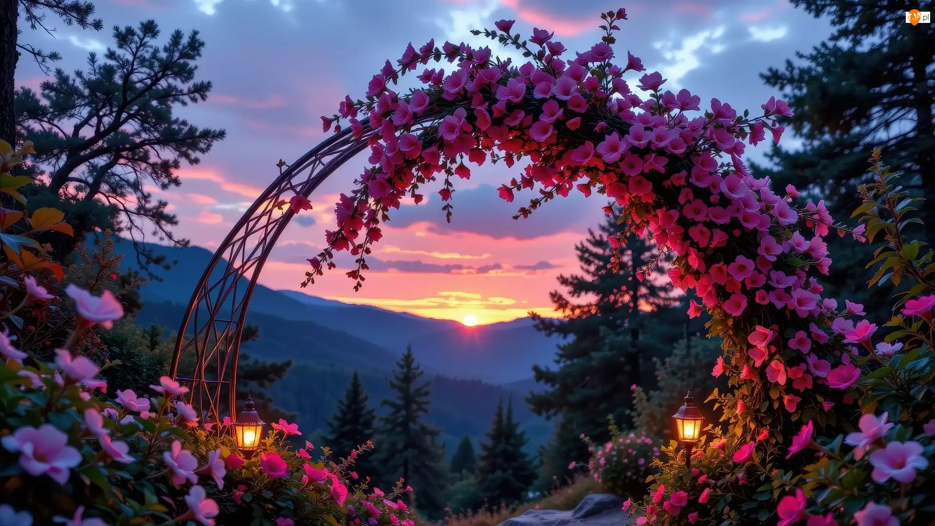Różowe, Kwiaty, Drzewa, Łuk, Góry, Latarnie, Zachód słońca