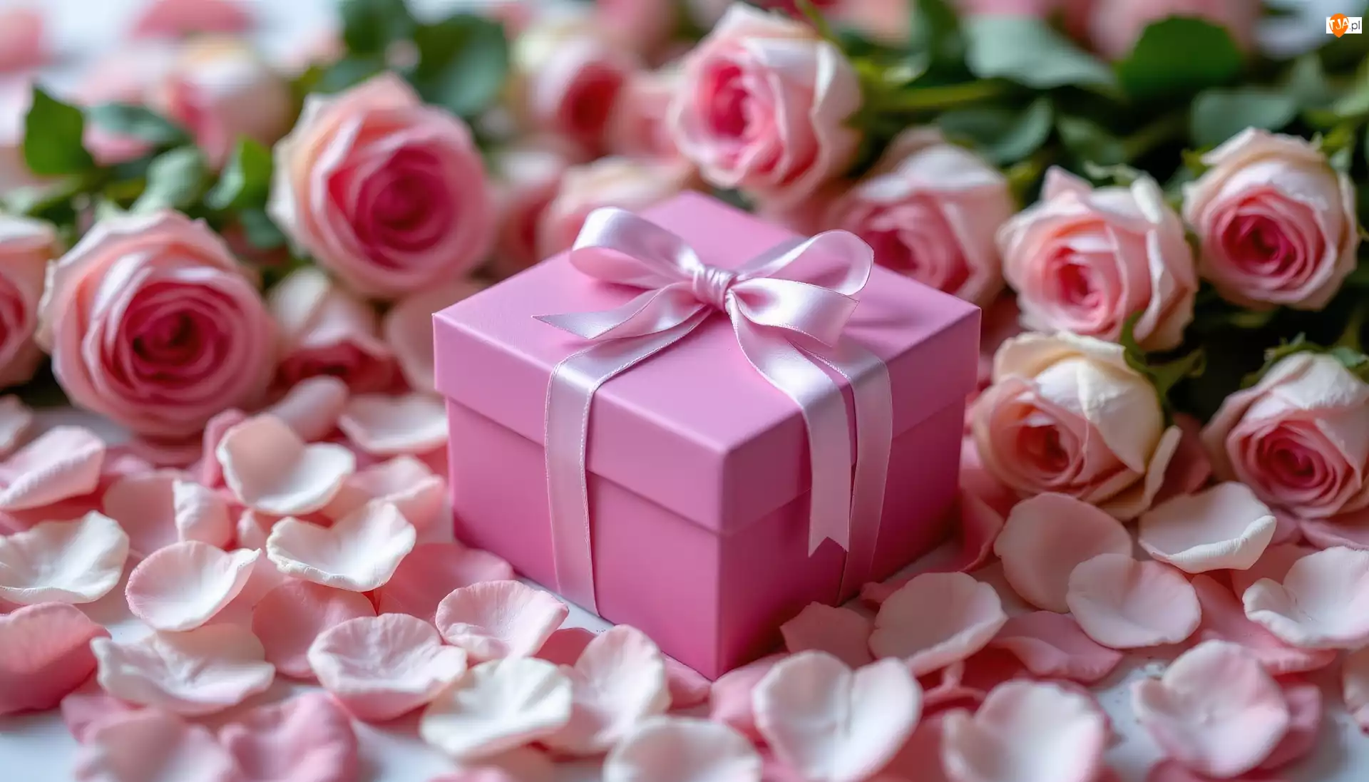 Pudełko, Prezent, Kwiaty, Różowe, Płatki, Róże, Kokarda
