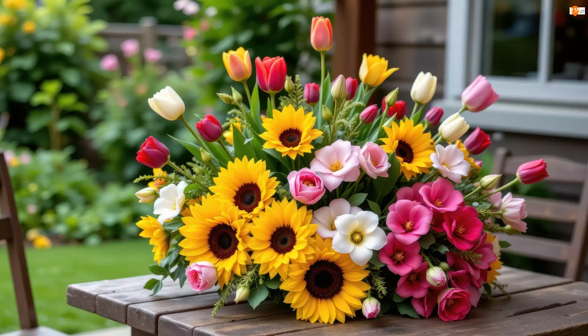 Bukiet, Kwiaty, Słoneczniki, Tulipany