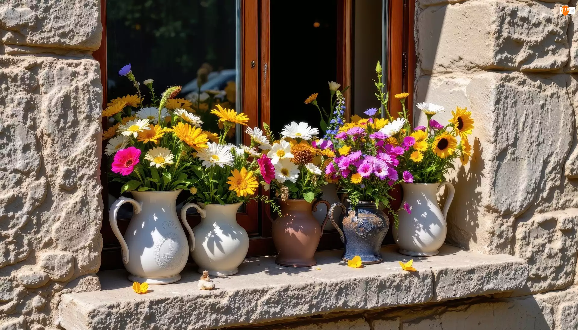 Kolorowe, Dzbanki, Parapet, Okno, Kwiaty
