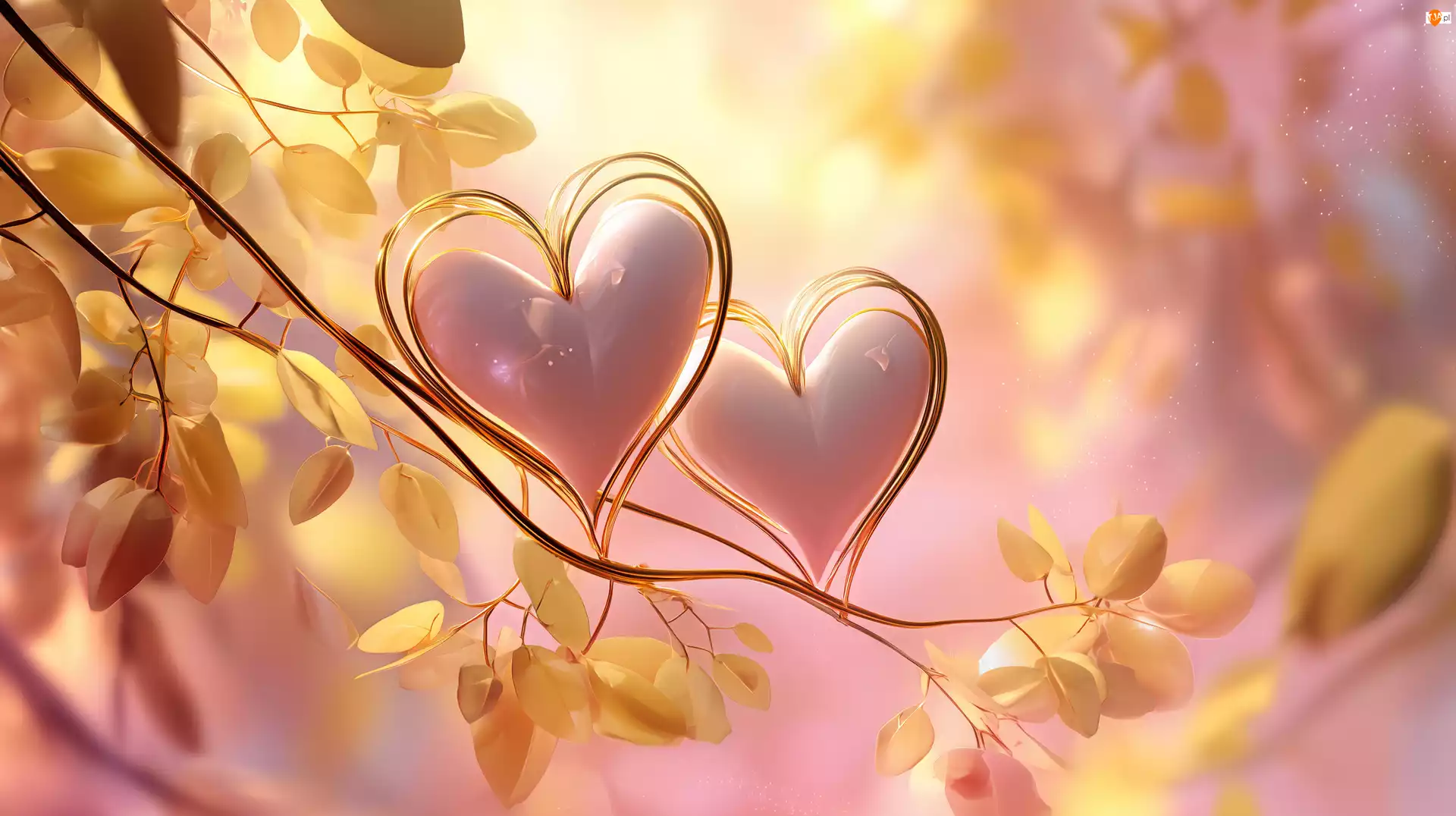 Różowe, Serca, Grafika AI, Dwa, Liście, Żółte, Gałązka