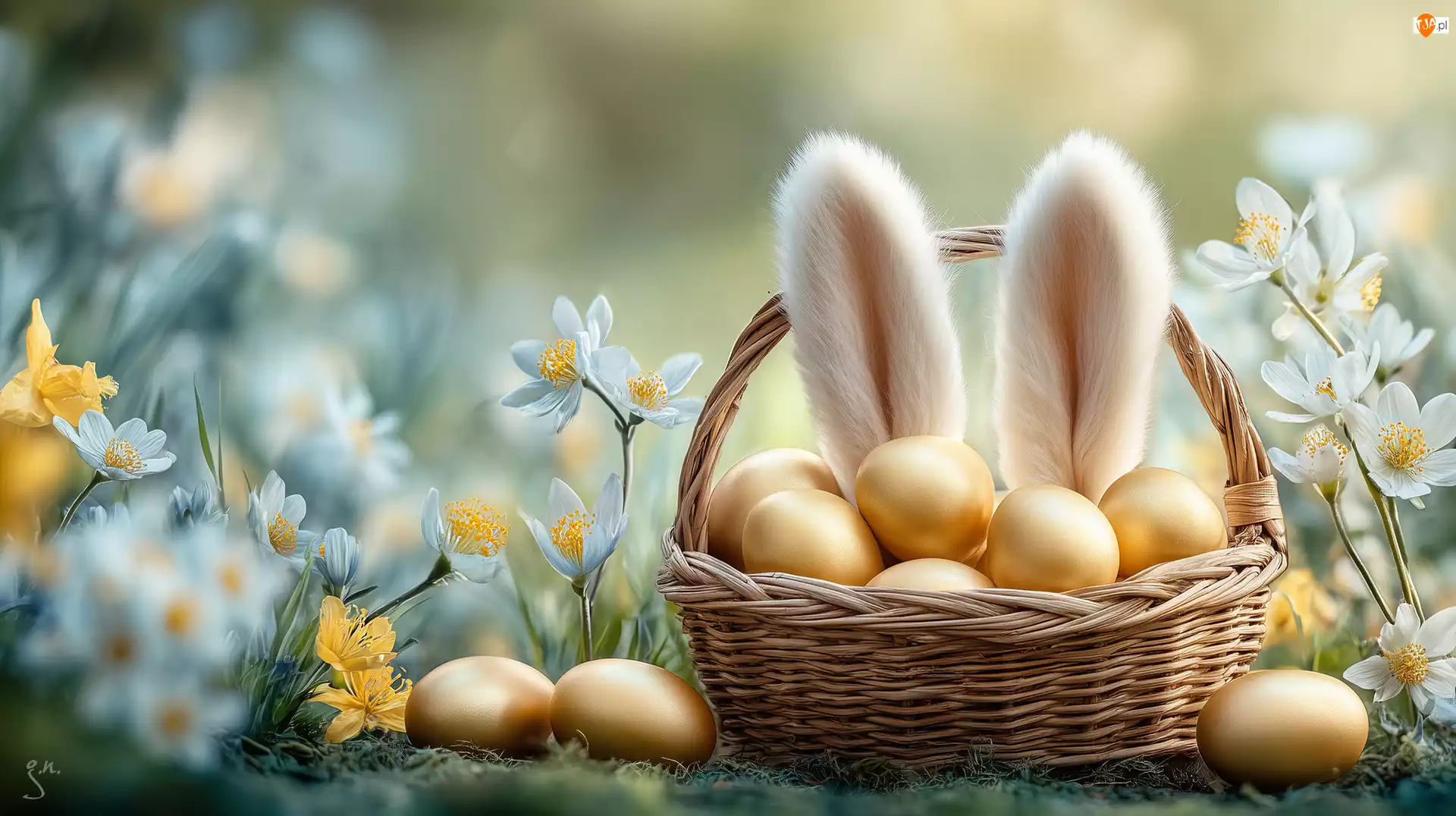 Kwiaty, Złote, Uszy królika, Wielkanoc, Jajka, Białe, Grafika AI, Koszyk