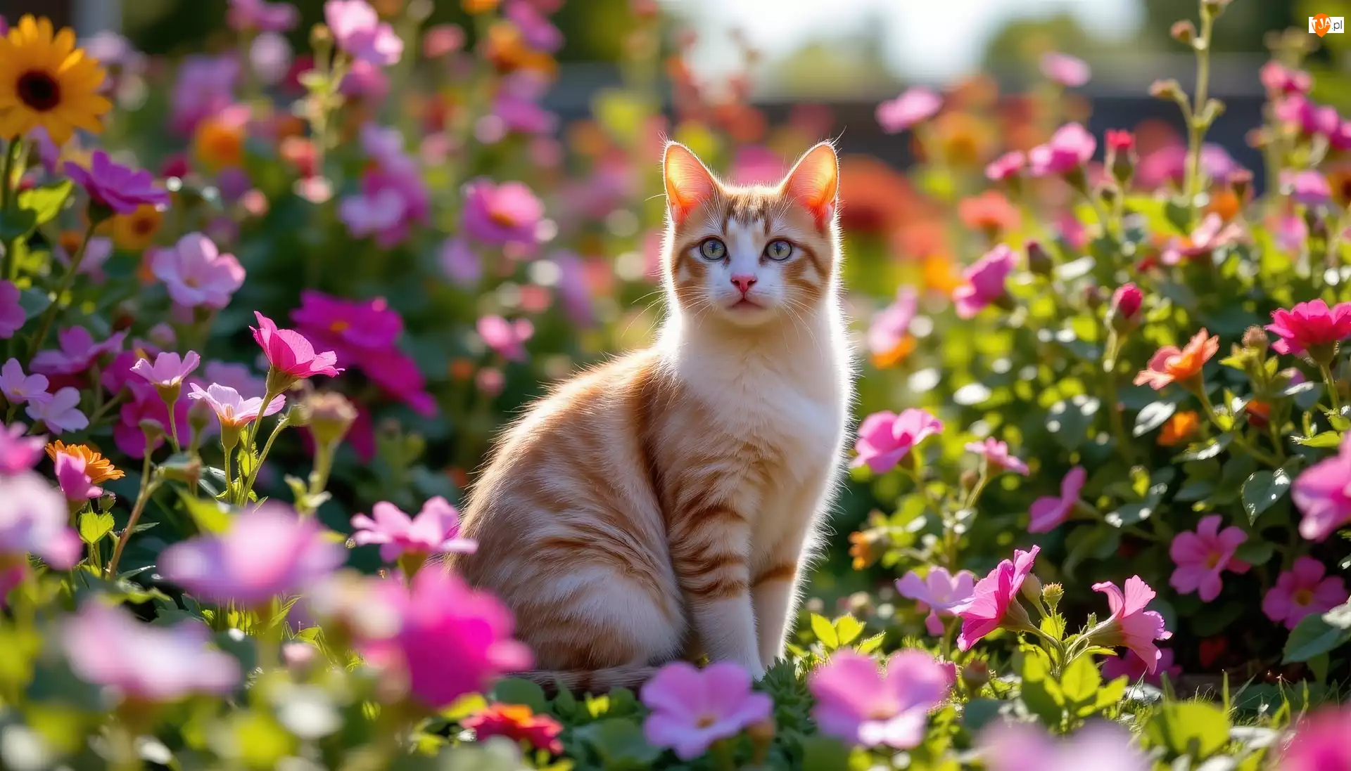 Kwiaty, Rudo-biały, Kot, Kolorowe
