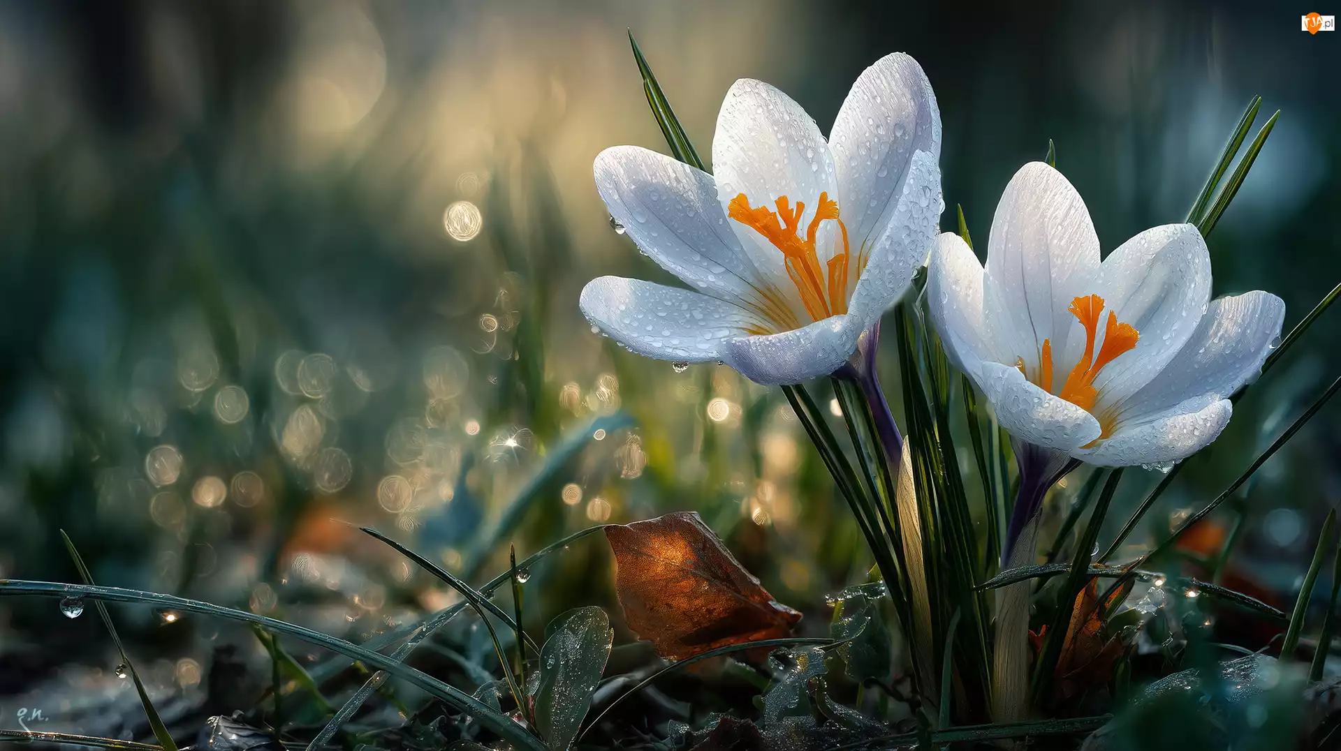 Krokusy, Białe, Trawa, Grafika AI, Kwiaty, Krople