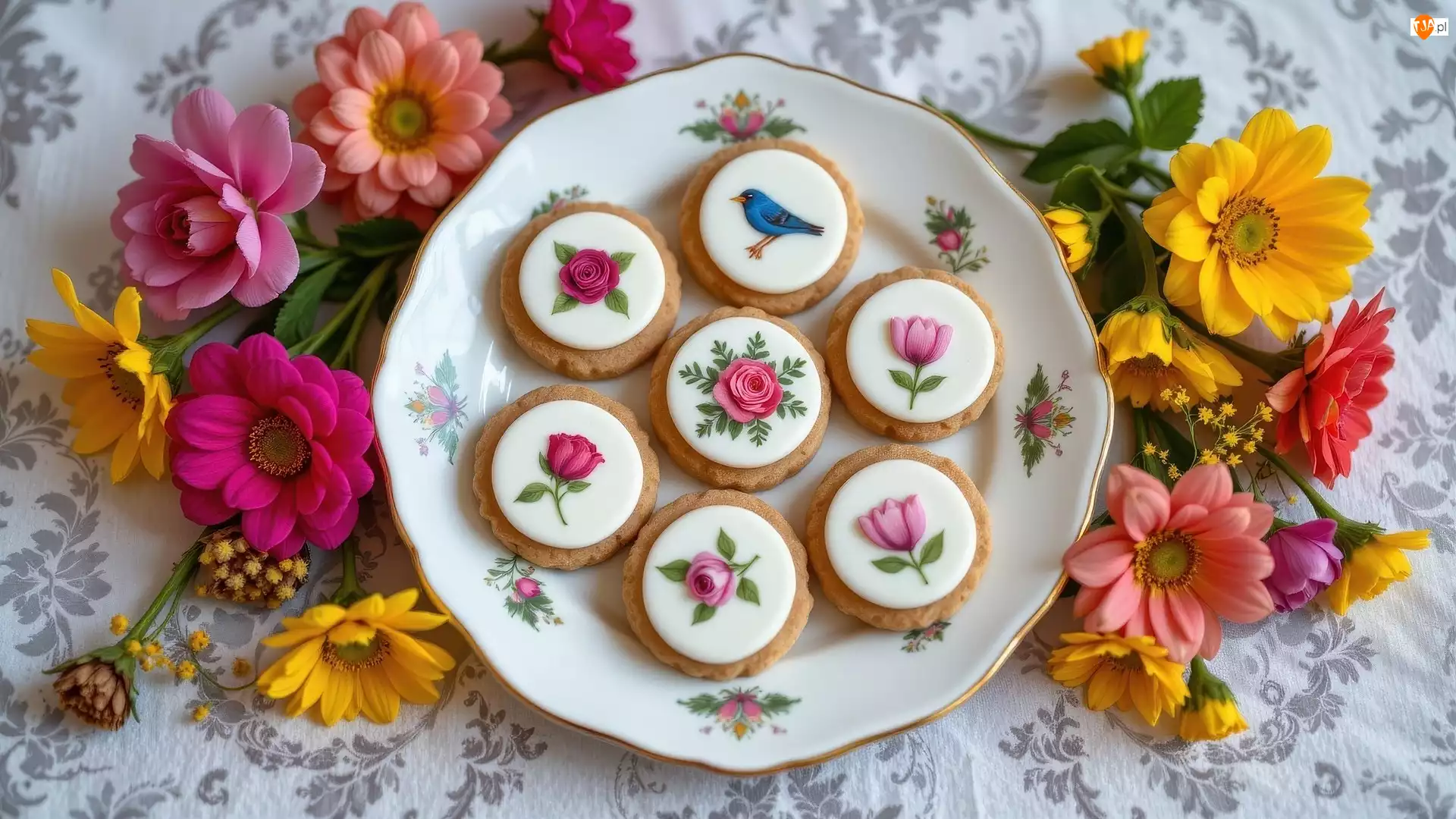 Ciastka, Udekorowane, Kolorowe, Obrus, Talerz, Kwiaty