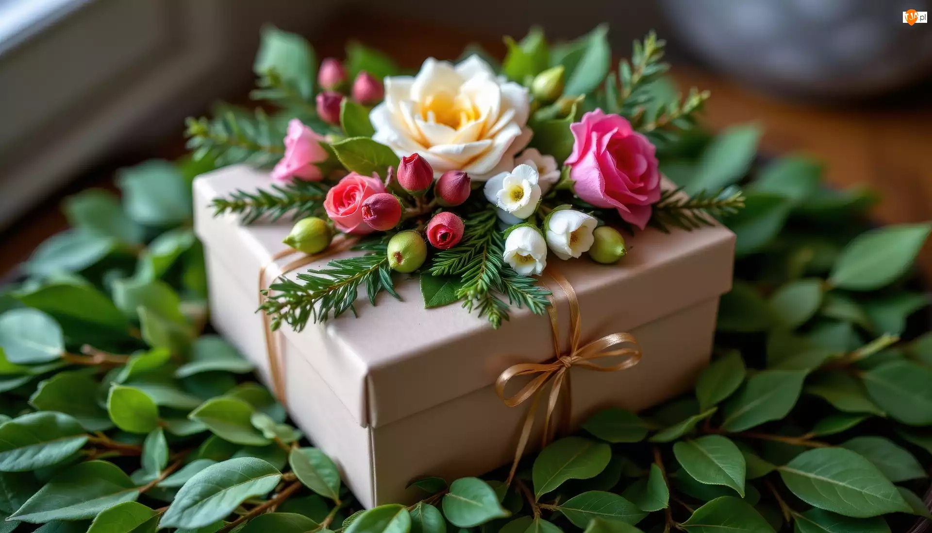 Liście, Prezent, Wstążka, Kwiaty