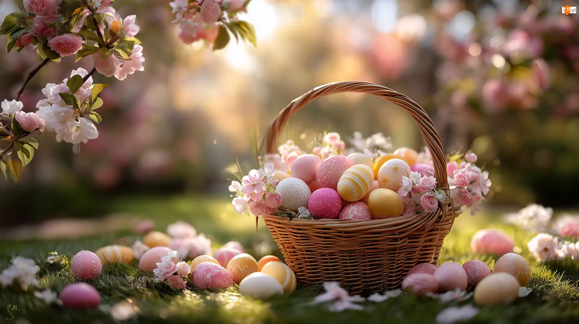 Koszyk, Jajka, Grafika AI, Wielkanoc, Drzewo owocowe, Kwiaty, Pisanki