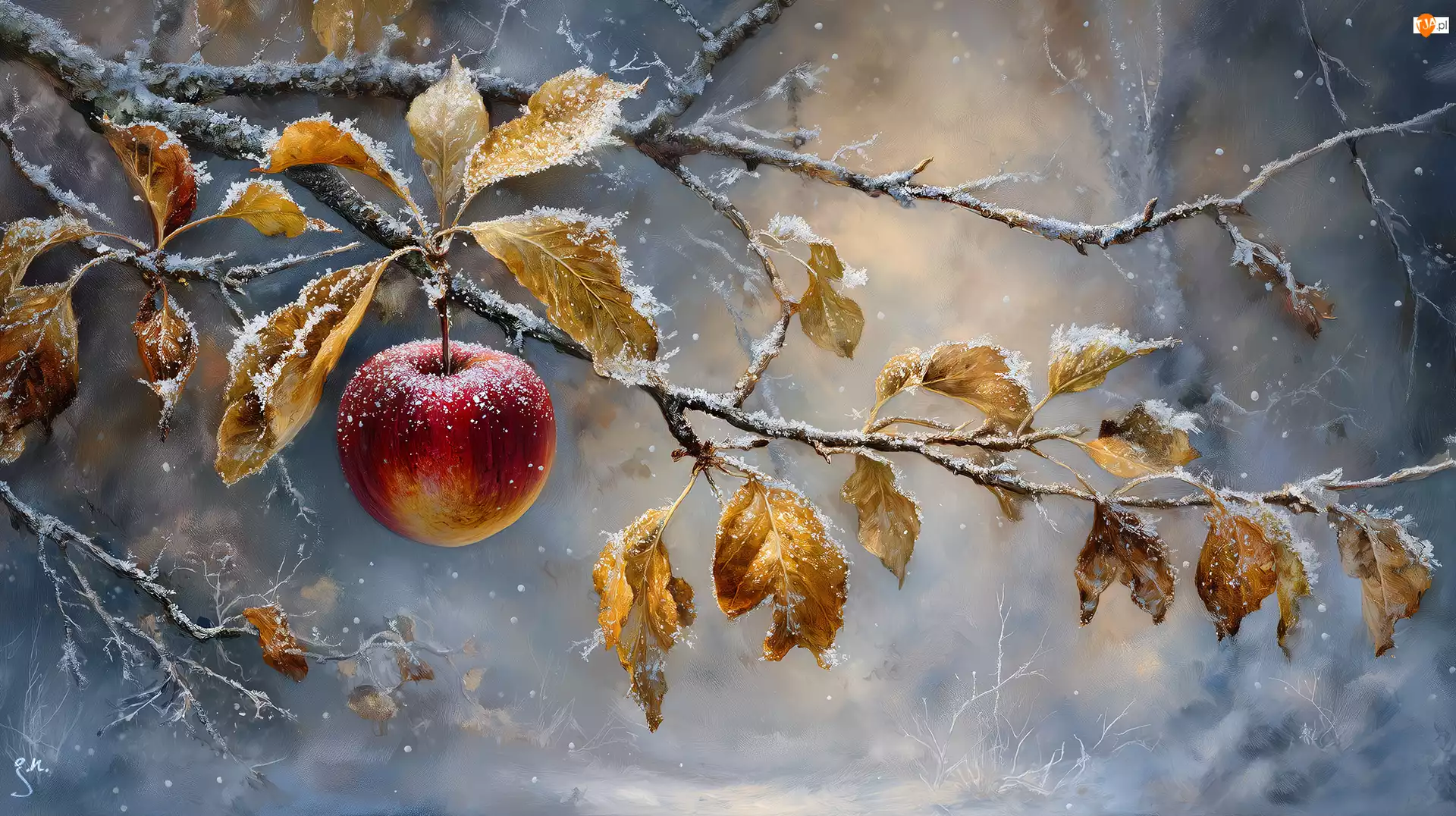 Gałązka, Jabłko, Suche, Grafika AI, Ośnieżona, Liście