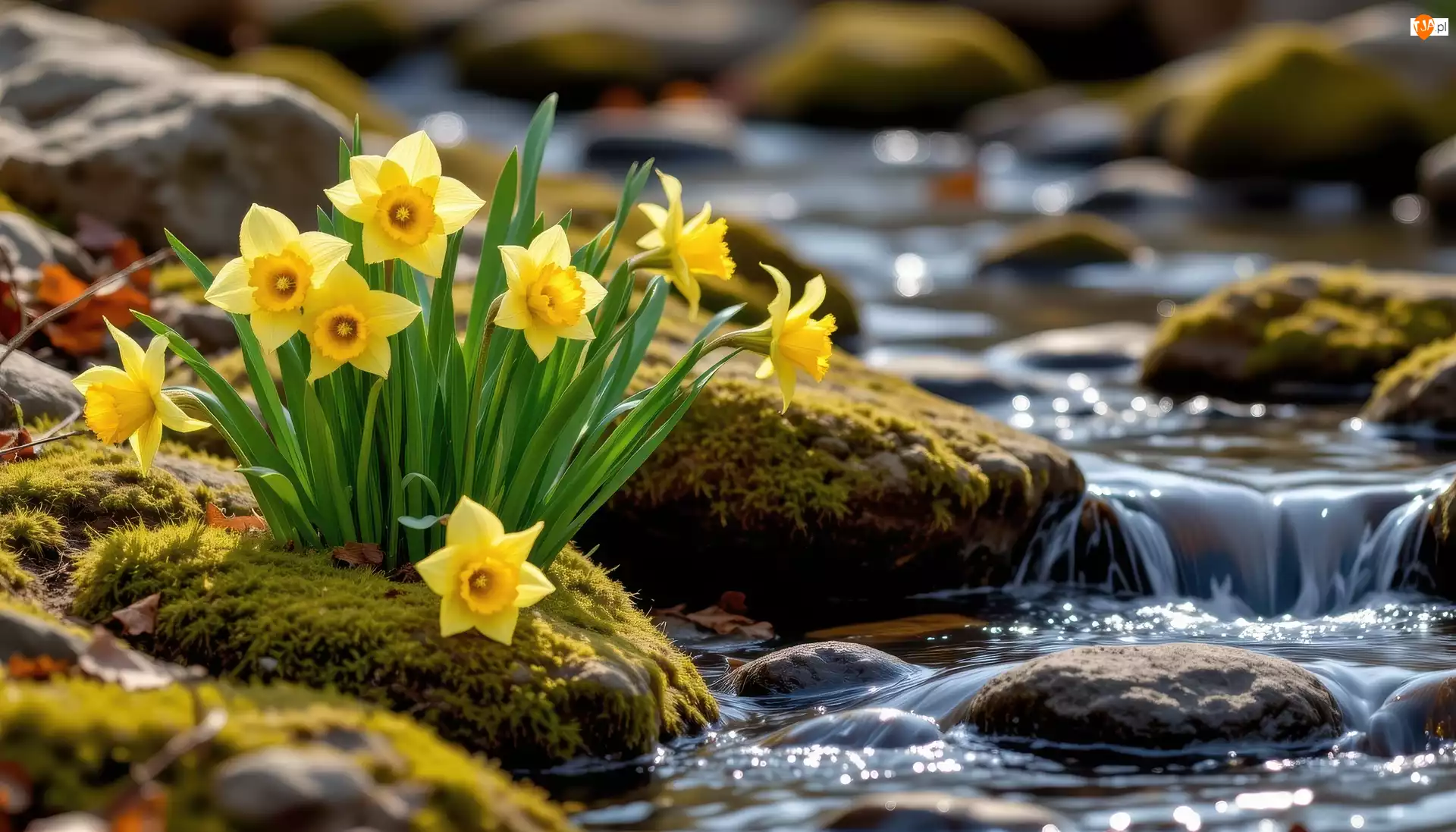 Żółte, Narcyzy-żonkile, Wiosna, Kwiaty, Strumień, Kamienie, Omszałe
