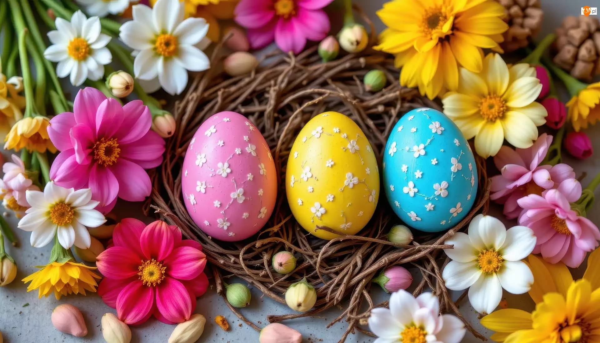 Trzy, Wielkanoc, Gniazdko, Kwiaty, Pisanki, Kolorowe