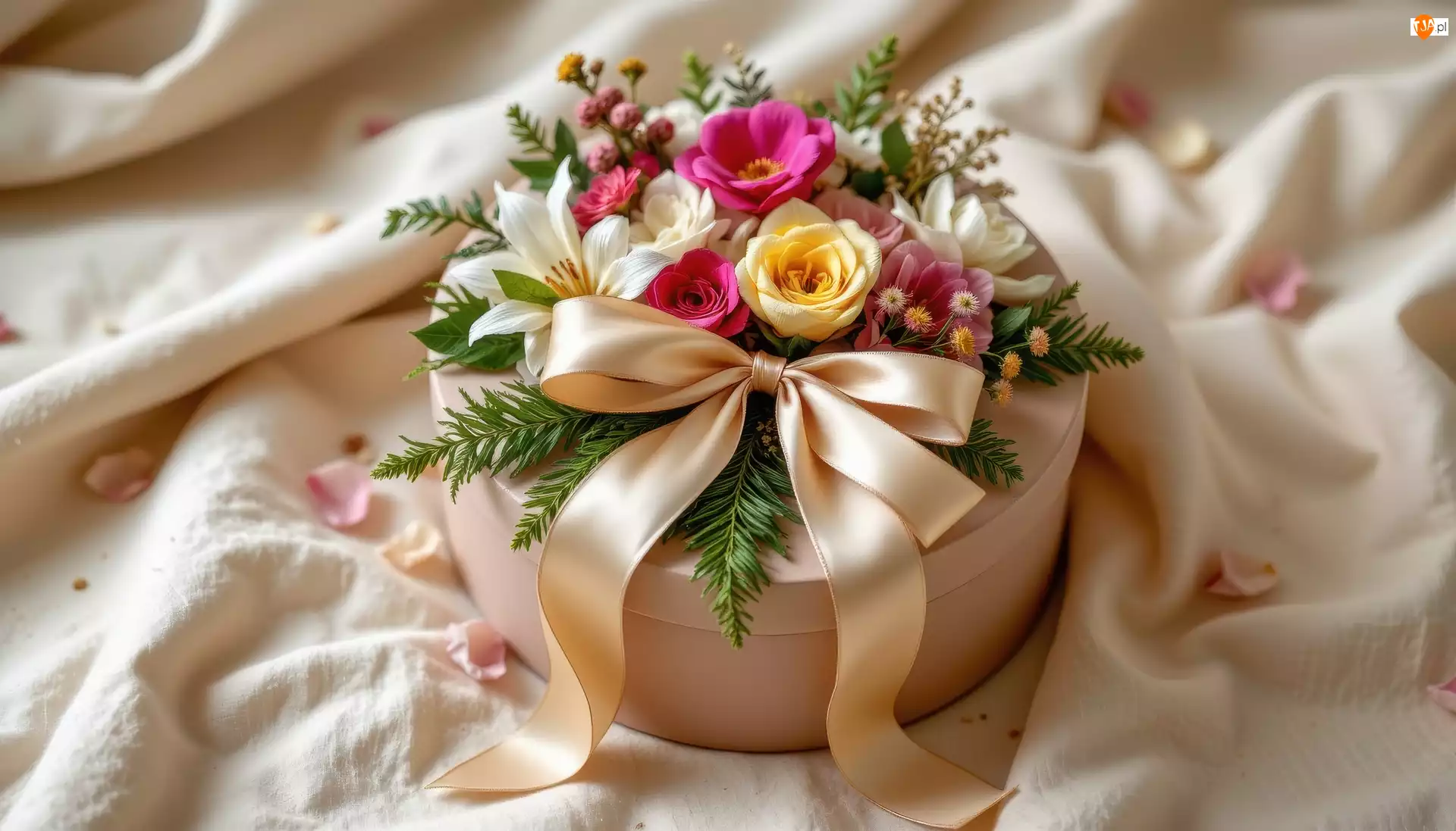 Pudełko, Okrągłe, Kwiaty, Tkanina, Prezent, Kokarda