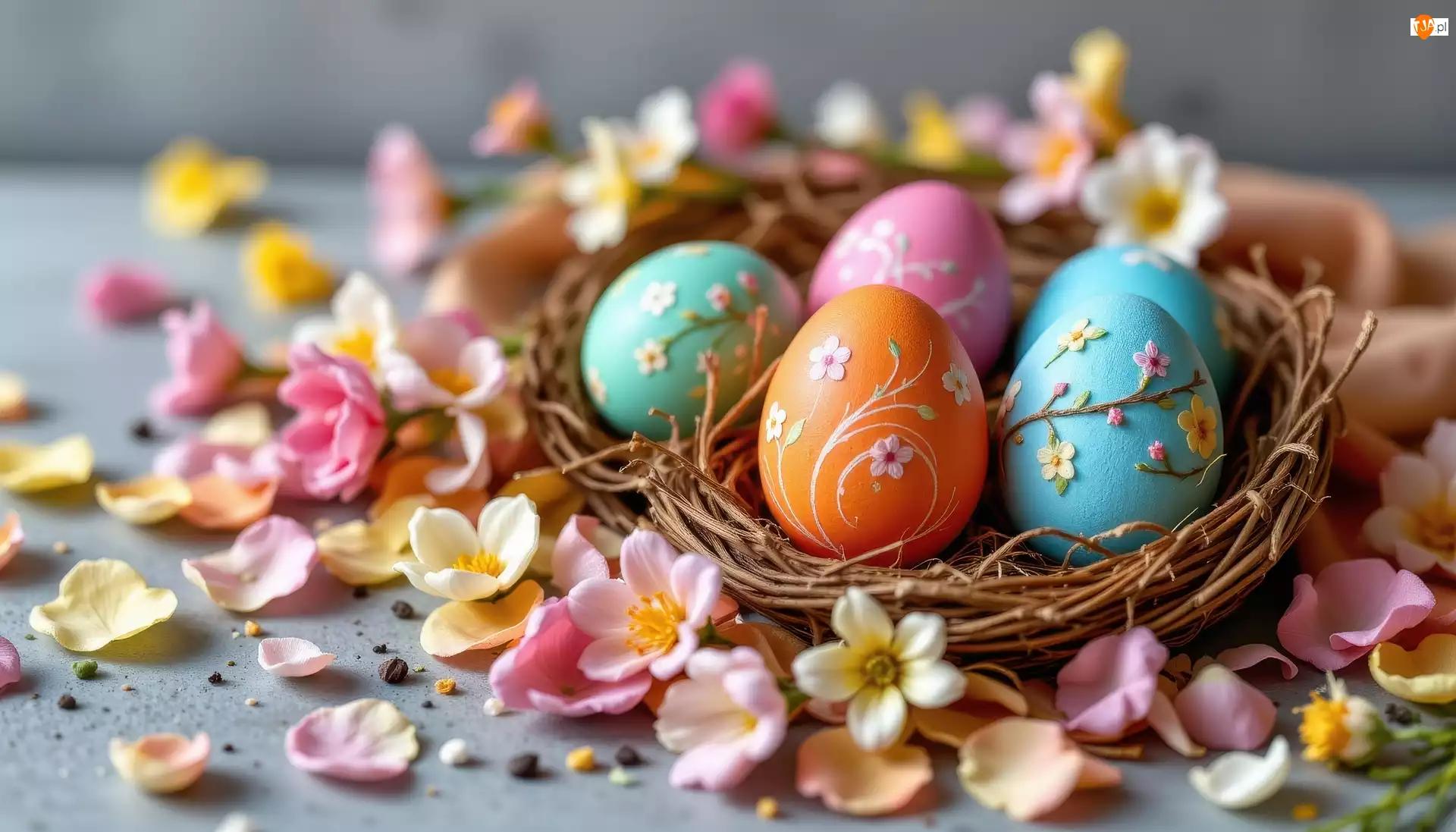 Jajka, Pisanki, Wielkanoc, Kolorowe, Kwiaty, Płatki, Gniazdo