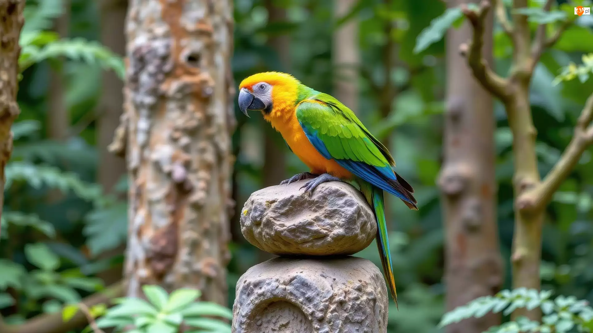 Papuga, Zielono-żółta, Dwa, Las, Ara, Kamienie