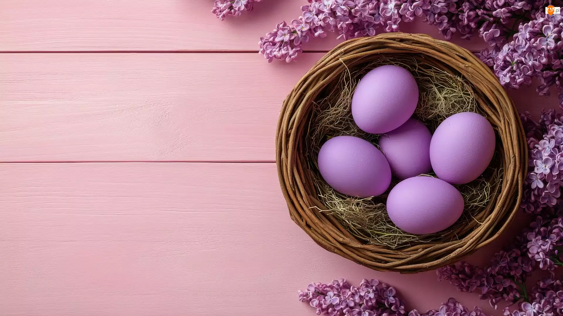Wiklinowy, Siano, Bzu, Fioletowe, Fioletowe, Różowe, Koszyk, Wielkanoc, Gałązki, Jajka, Tło