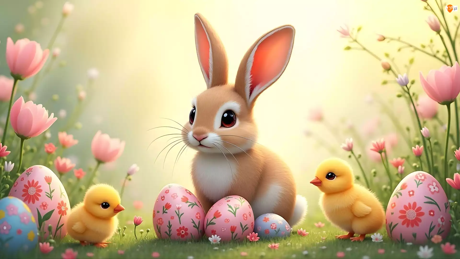 Kurczaki, Grafika, Zajączek, Wielkanoc, Pisanki