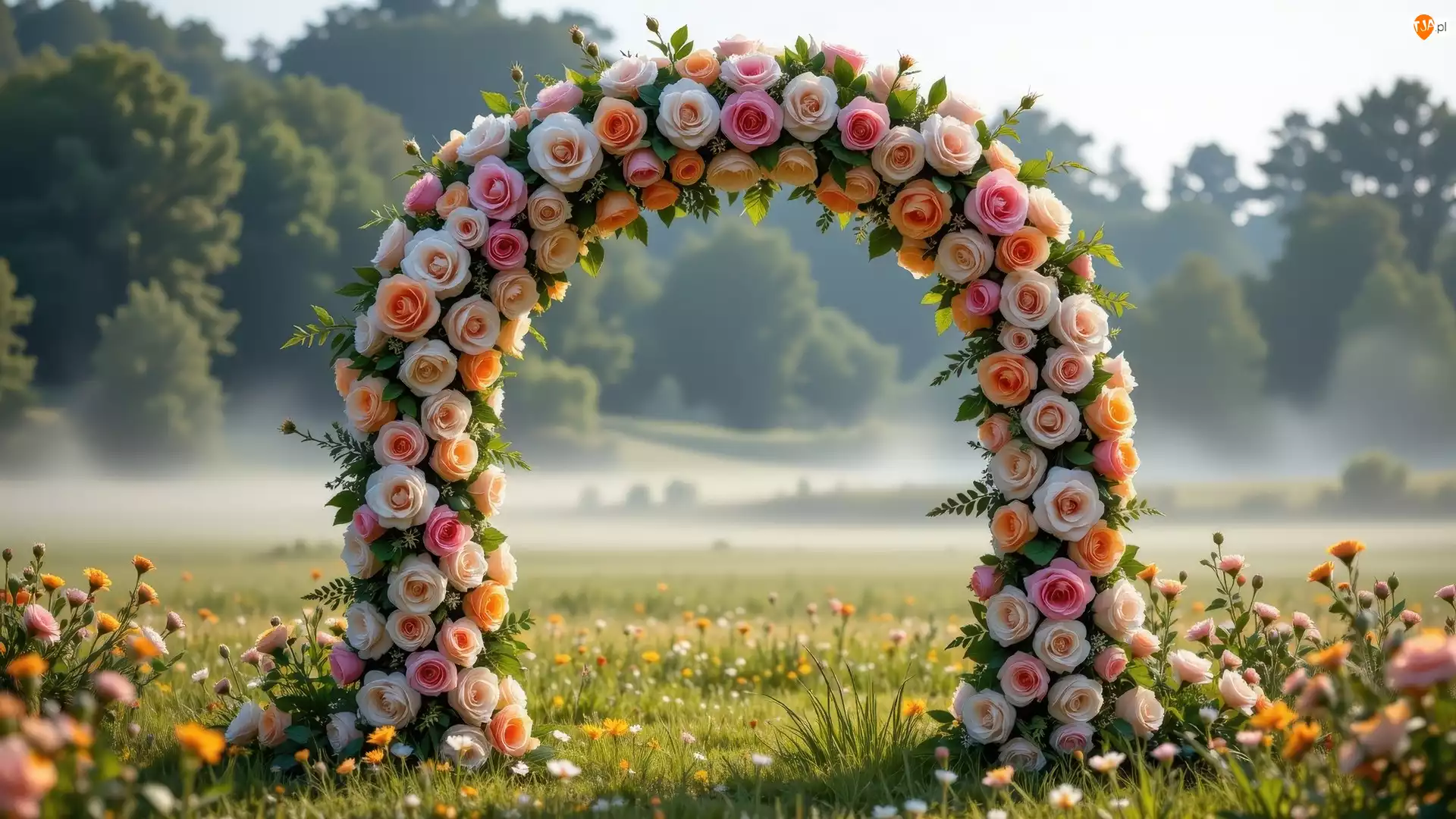 Łuk, Kolorowe, Drzewa, Kwiaty, Mgła, Łąka, Róże