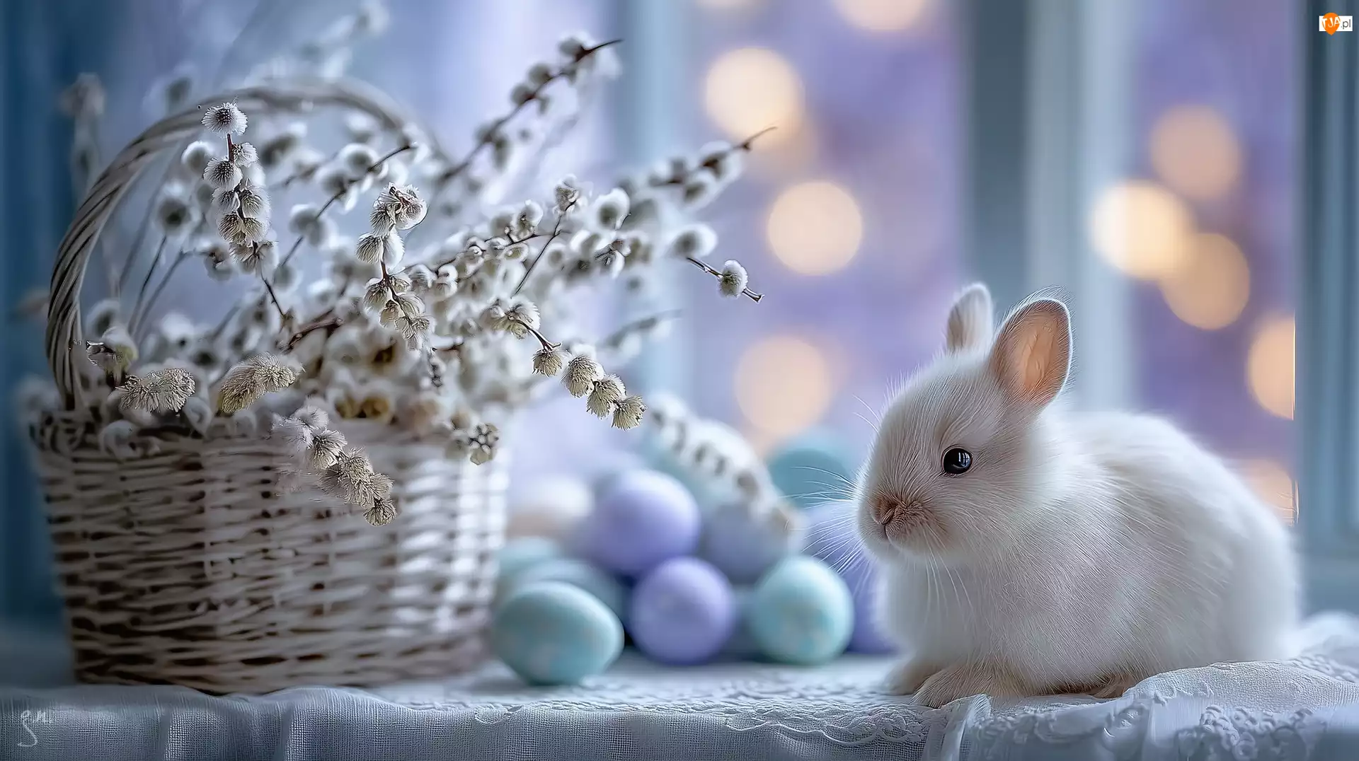 Królik, Koszyk, Grafika AI, Biały, Wielkanoc, Jajka, Bazie
